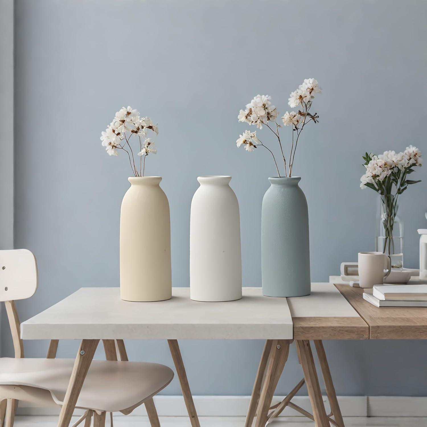 Latitude Run® Set Of 3 Multicolor Ceramic Vases For Home Decor, Farmhouse Style Centerpieces For Living Room, Table, Fireplace, Or Entryway (Blue Mix)