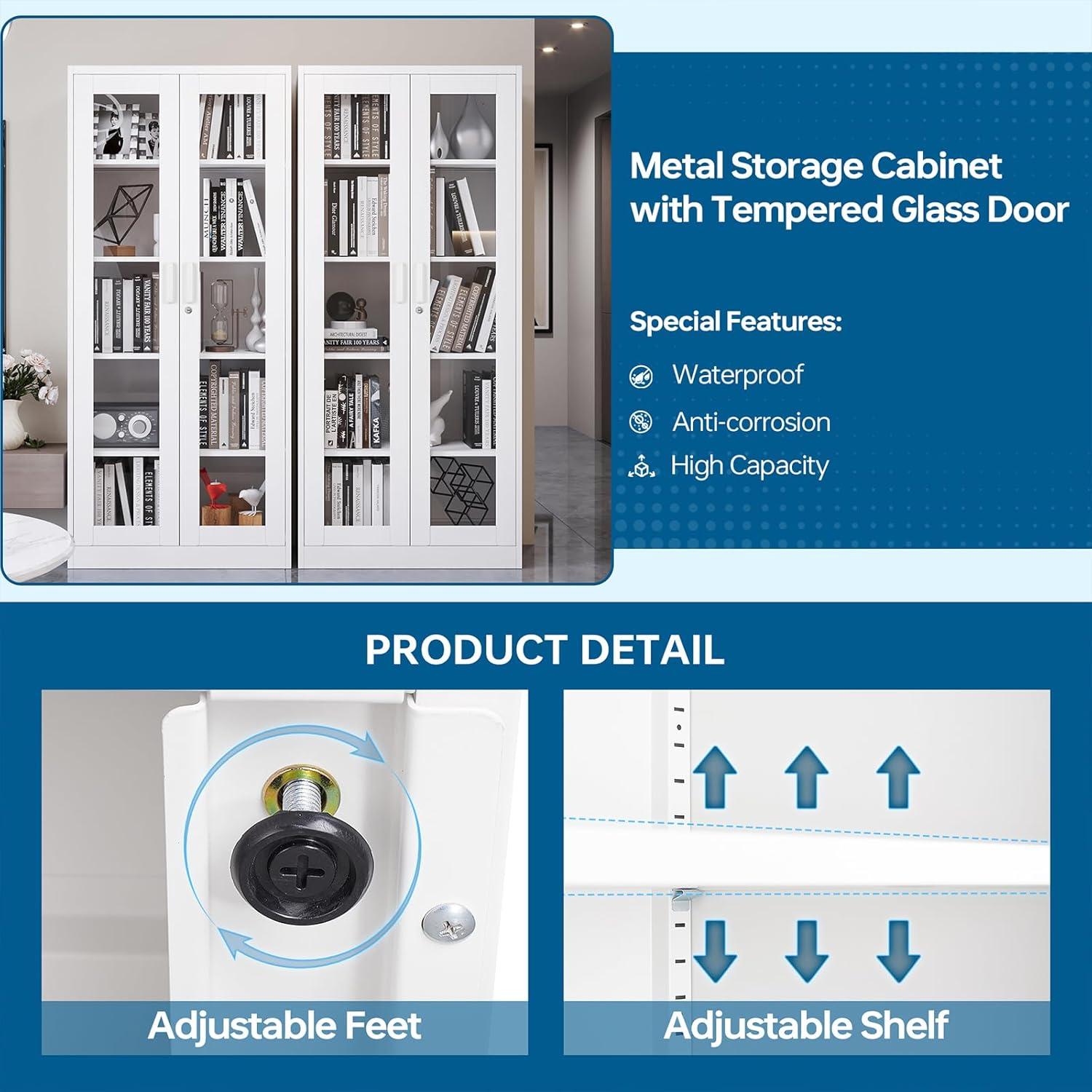 Display Cabinet With Glass Doors, Curio Cabinets With 4 Adjustable Shelves, Locking Glass Cabinet Display Case For Home, Office, Clinic, Pantry, Assemble Required