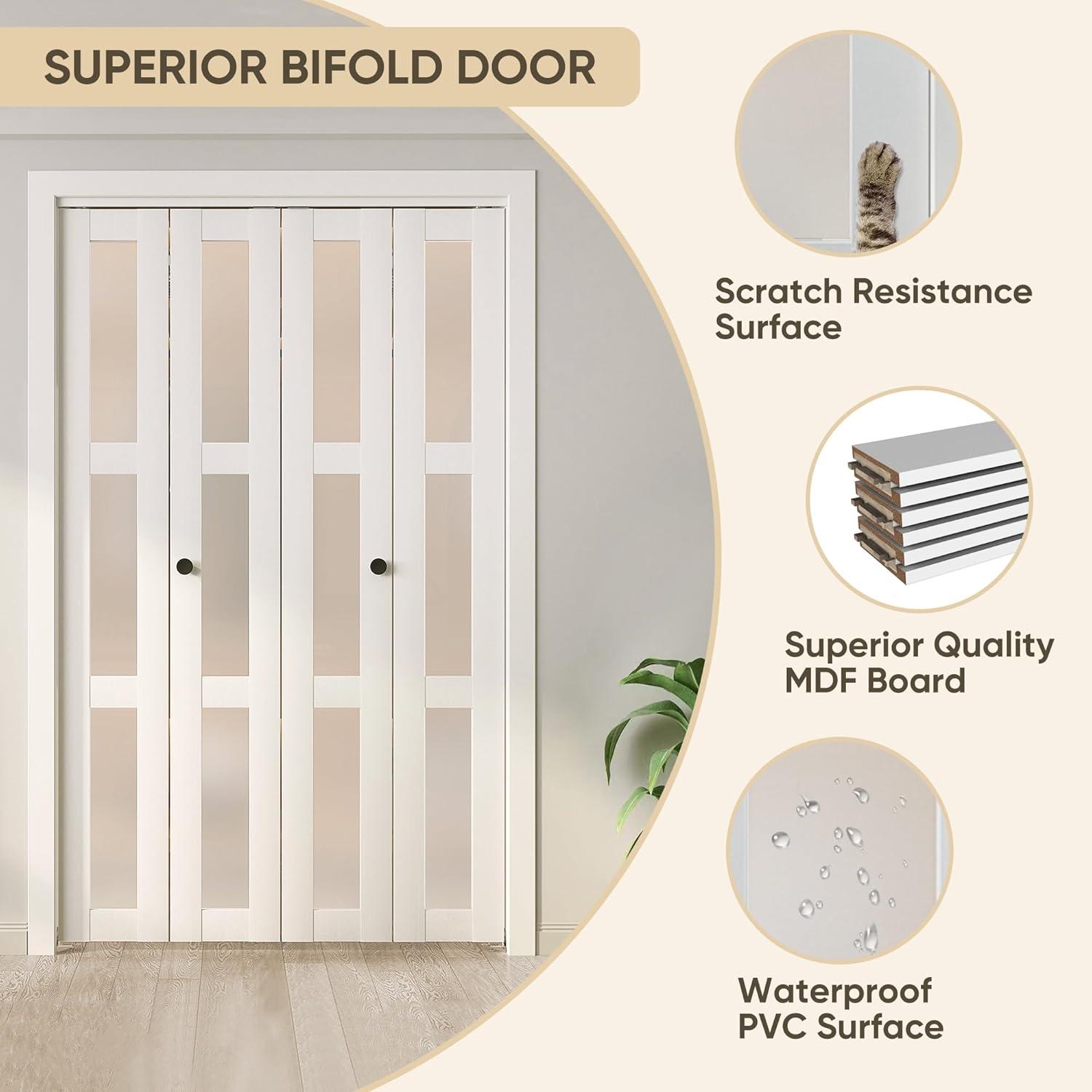 CHIC MODE Double Bifold Doors 3 Lite Frosted Glass Solid Manufactured Wood Prefinished Folding Door