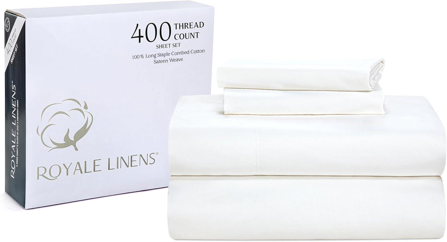 Royale Linens 400 Thread Count 100% American Grown Cotton 4 Piece Sateen Queen Sheet Set - 1 Fitted, 1 Flat Sheet, 2 Pillow case - True White Bedsheet Set - Cooling Cotton Sheets - (Queen, True White)