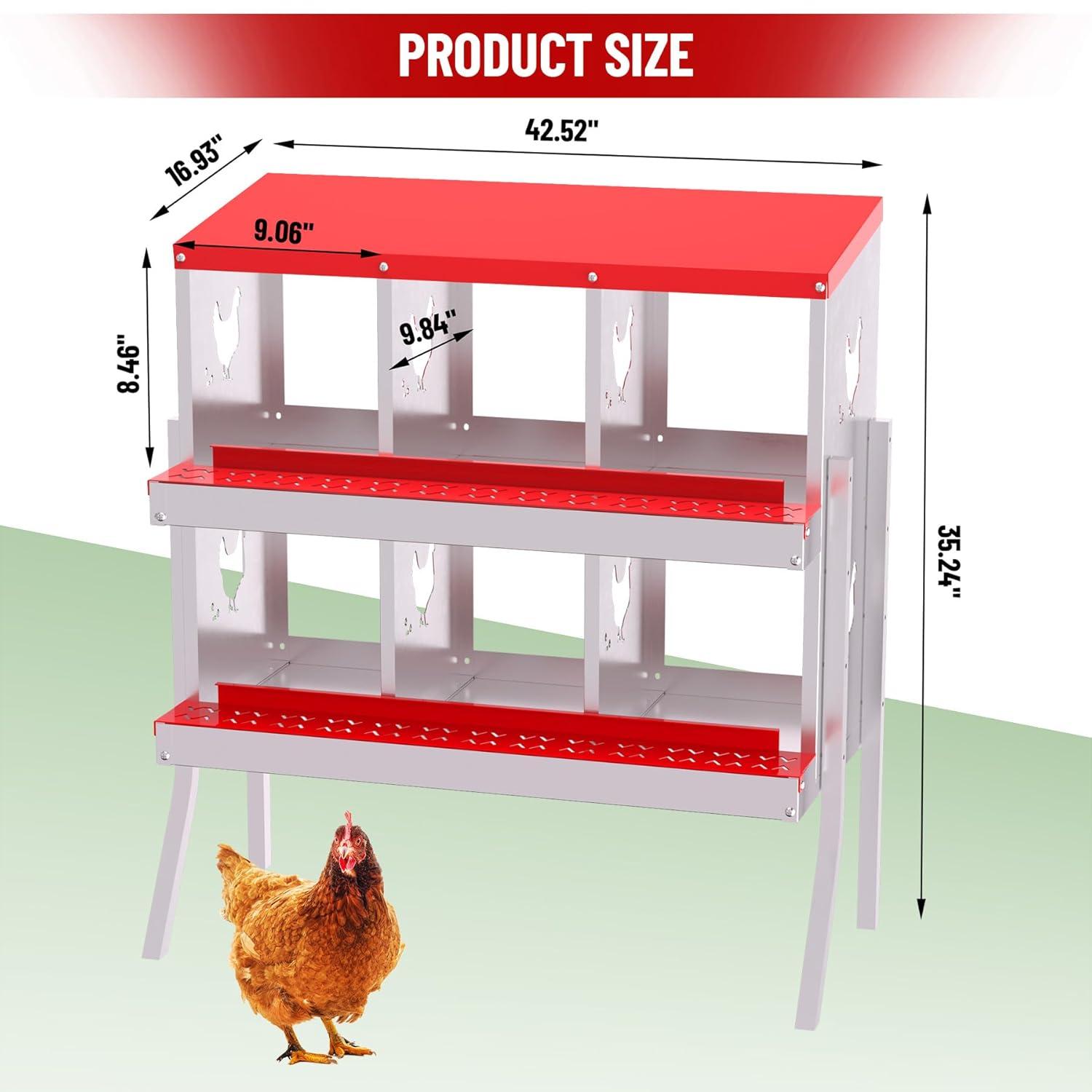 Nesting Boxes for Chickens, 6 Compartment Chicken Nesting Box with Metal Legs, Metal Chicken Laying Boxes with Perch, Secure Lid, Versatile Wall Mount or Free Standing for Hens, Red