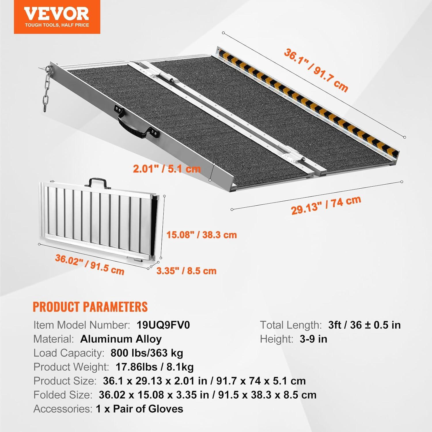 VEVOR Portable Wheelchair Ramp - 3 ft, 800 lbs Capacity, Non-Slip Aluminum, Folding Threshold Ramp for Mobility Scooters, Suitable for Home Steps, Stairs, Doorways, Curbs