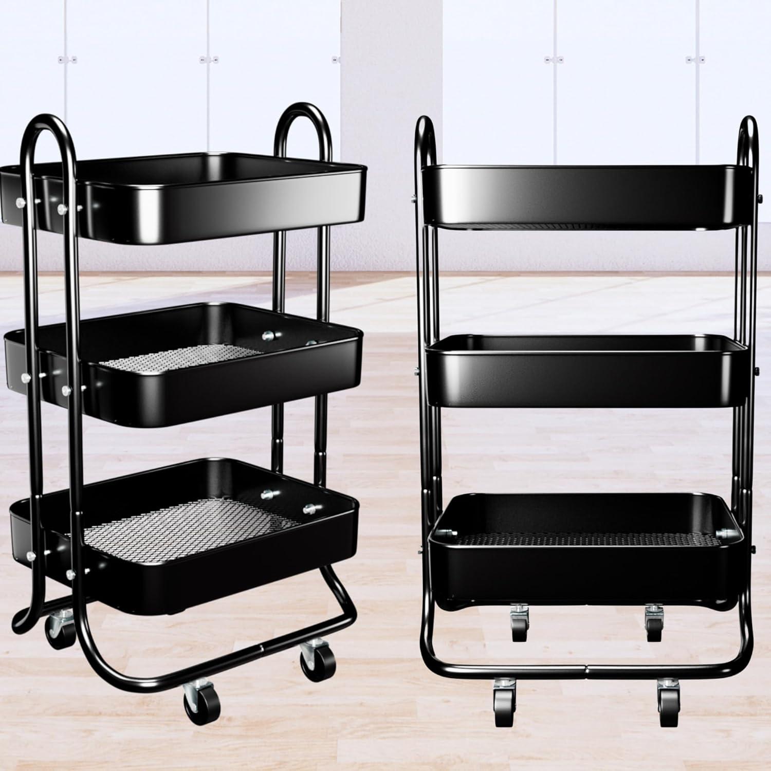 Black 3-Tier Metal Rolling Storage Cart with Wheels