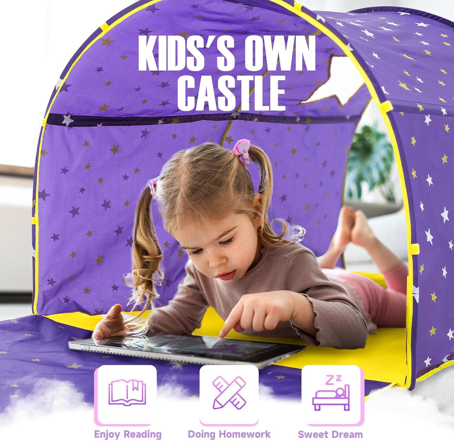 Twin Bed Canopy Kids Play Tent, Starlight Dream Tent for Kids, Twin Bed Playhouse with Glow-in-the-Dark Stars, Pop-Up Portable Privacy Space for Boys & Girls, Indoor Camping, Reading, Play, Purple