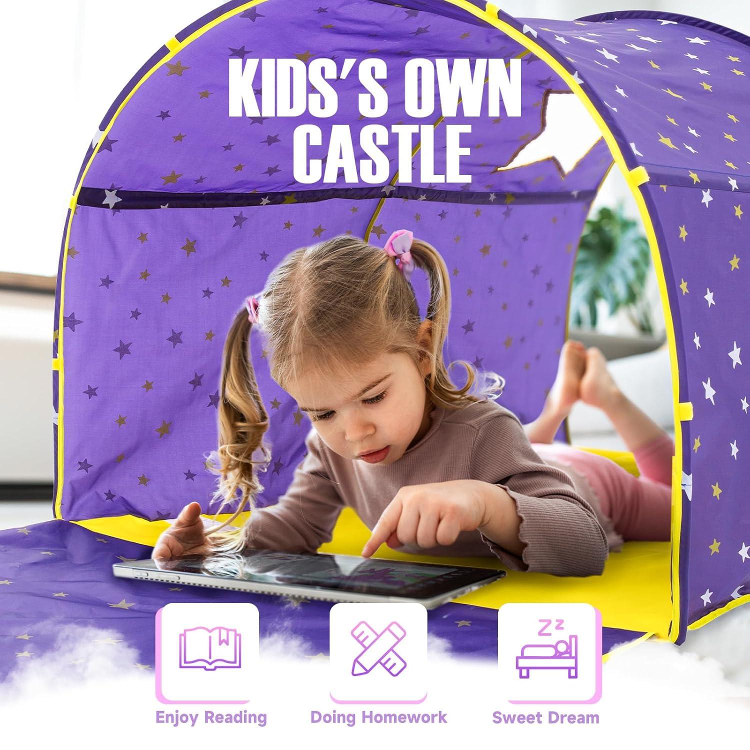 Twin Bed Canopy Kids Play Tent, Starlight Dream Tent for Kids, Twin Bed Playhouse with Glow-in-the-Dark Stars, Pop-Up Portable Privacy Space for Boys & Girls, Indoor Camping, Reading, Play, Purple