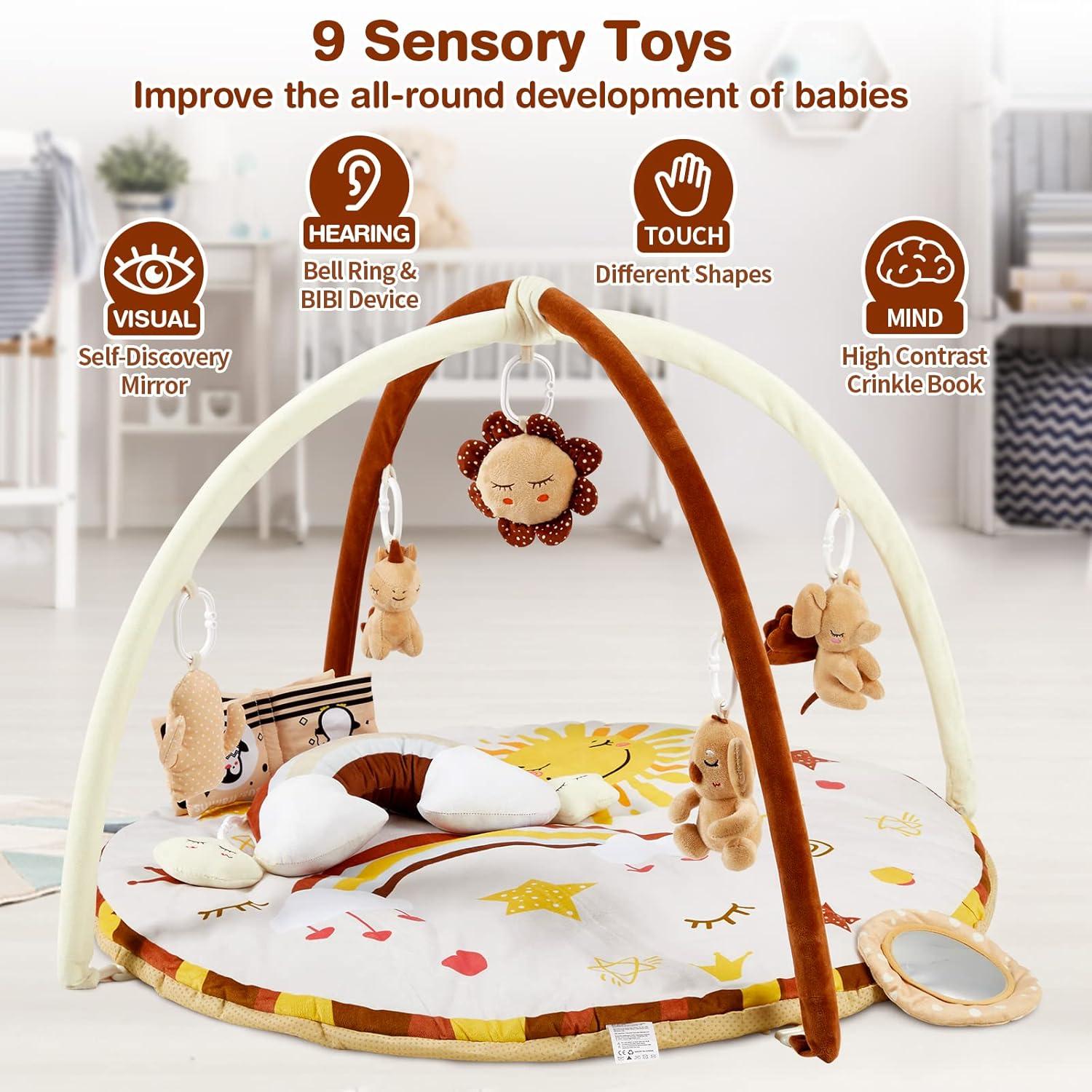 Baby Gym Play Mat, Baby Activity Center with 9 Detachable Toys for Stage Sensory&Motor Skills&Cognitive Development, Padded Tummy Time Mat Washable Non-Slip, Essential for Newborn Infants to Toddlers