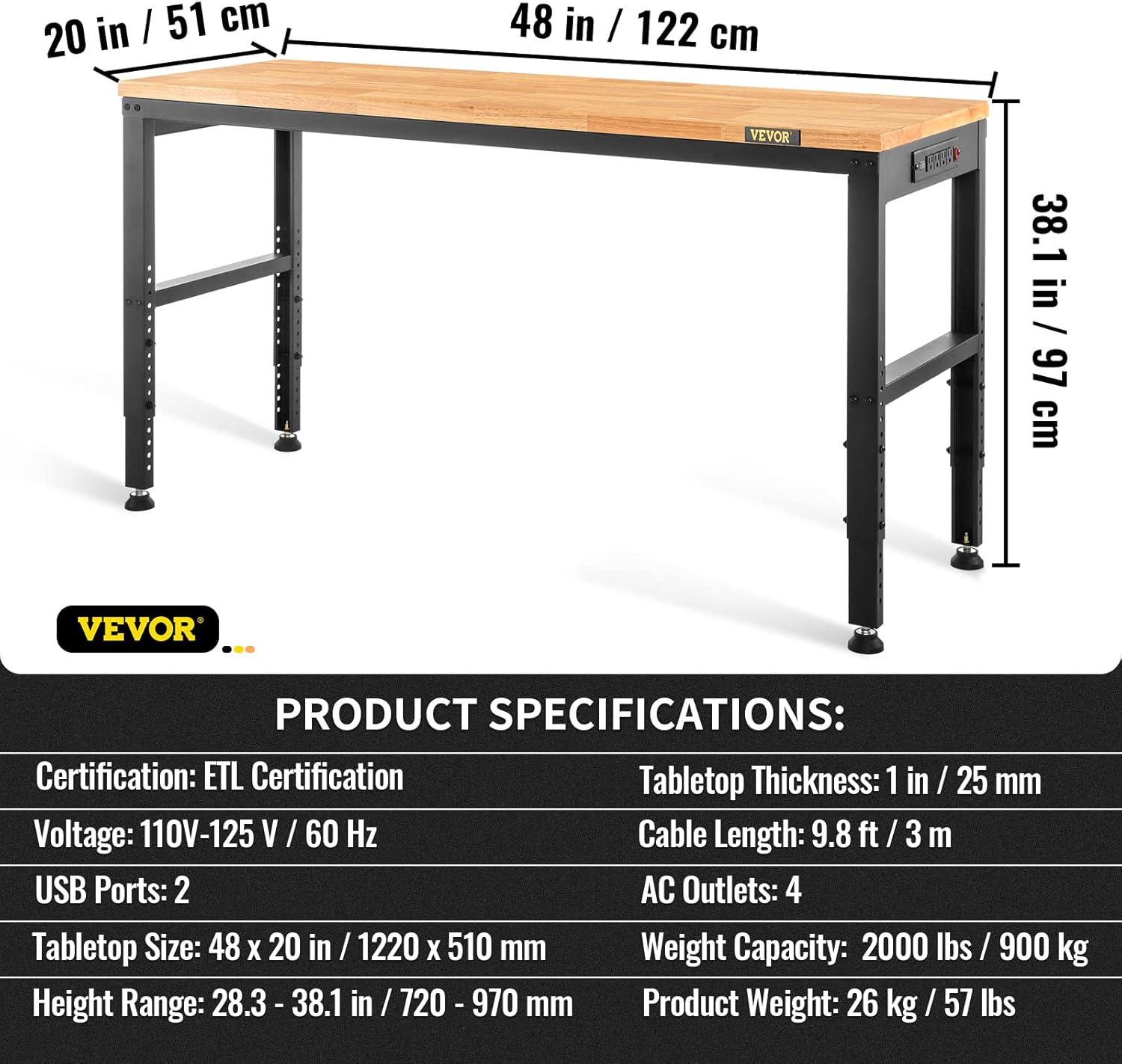 VEVOR 48'' W Wood Top Height-Adjustable Workbench