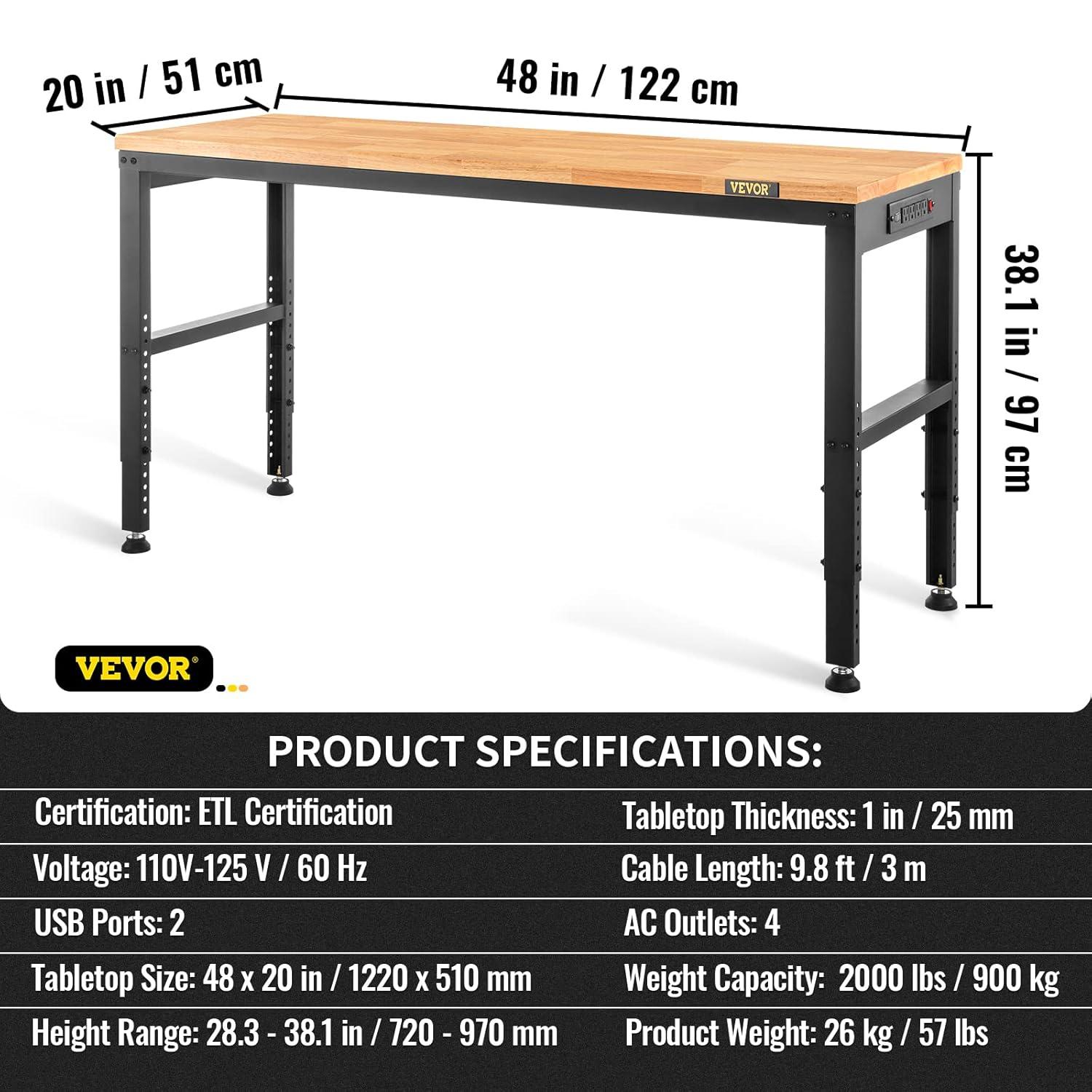 VEVOR 48'' W Wood Top Height-Adjustable Workbench