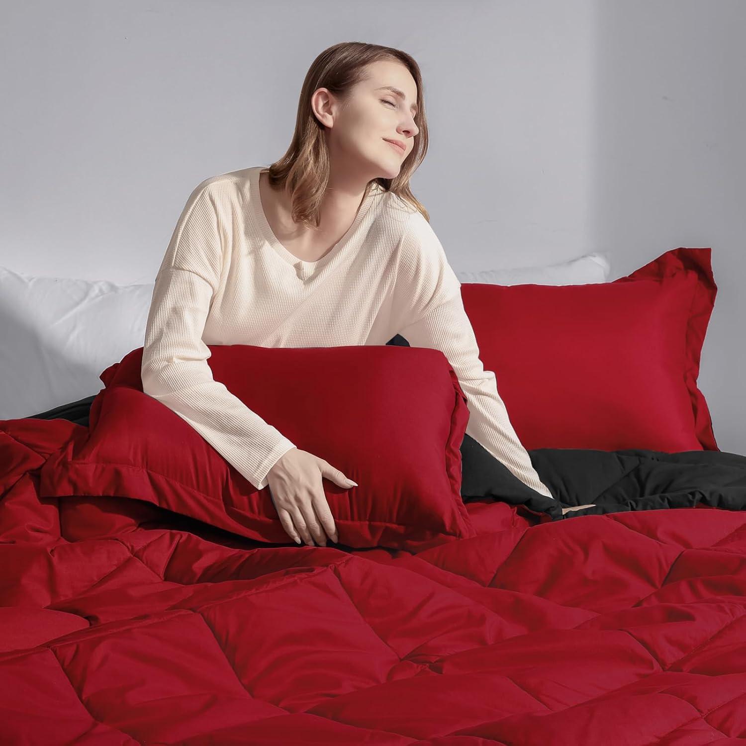 Basic Beyond Down Alternative Comforter Set (Queen, Black/Red) - Reversible Bed Comforter with 2 Pillow Shams for All Seasons