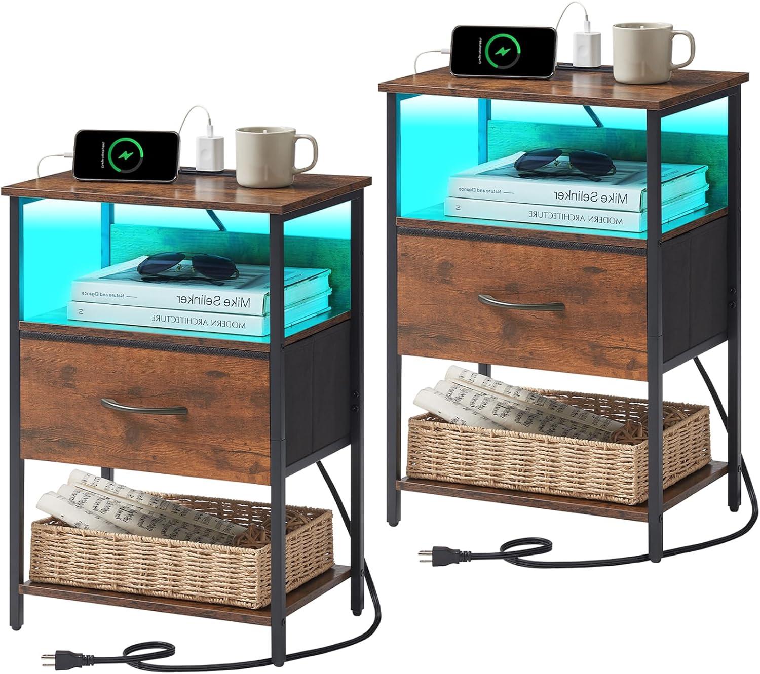 Somdot Bedside Table Set of 2 with Charging Station, LED and Storage Shelfs for Bedroom Living Room, Wood Grain Print