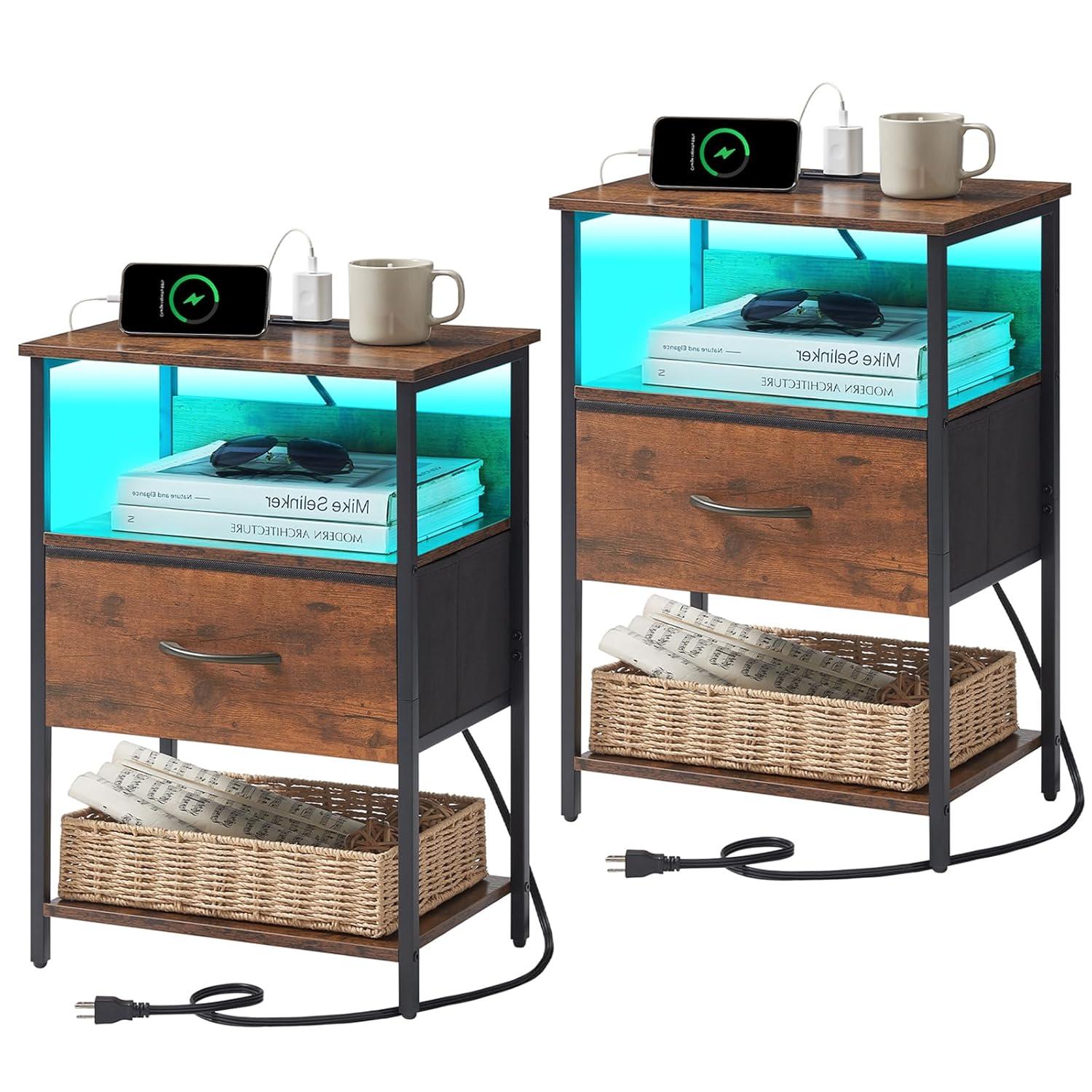 Somdot Bedside Table Set of 2 with Charging Station, LED and Storage Shelfs for Bedroom Living Room, Wood Grain Print