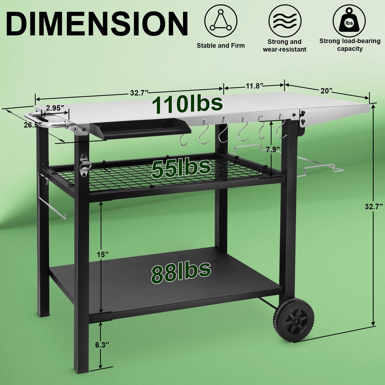 Stainless Steel Three-Shelf Outdoor Grill Cart with Wheels