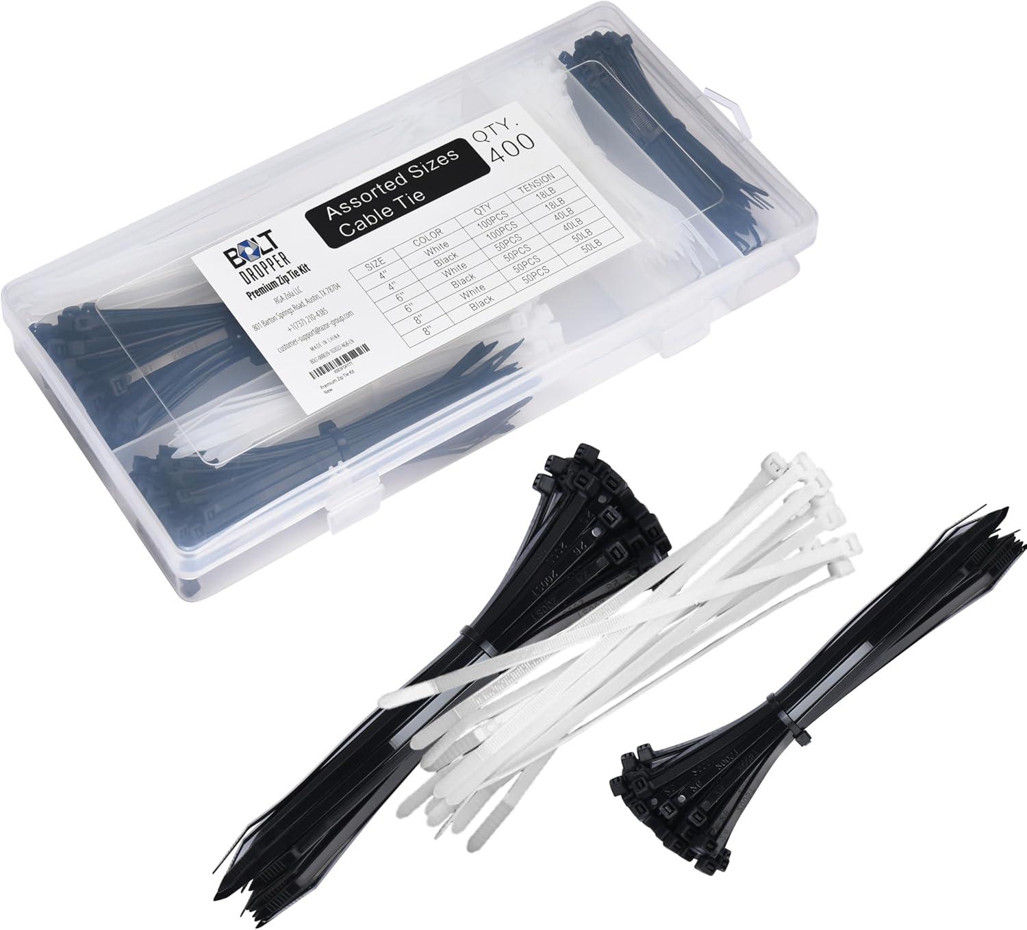 Bolt Dropper Zip Tie Kit 4" 6" 8" Black White 18lb To 50lb Tensile Strength 400 Pack