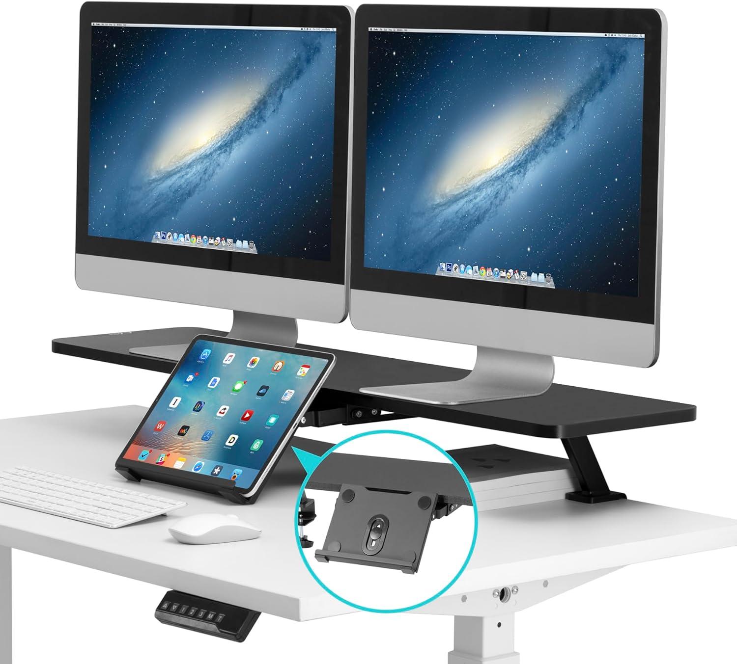 Black Dual Monitor Clamp-On Desk Shelf with Slide-Out Holder