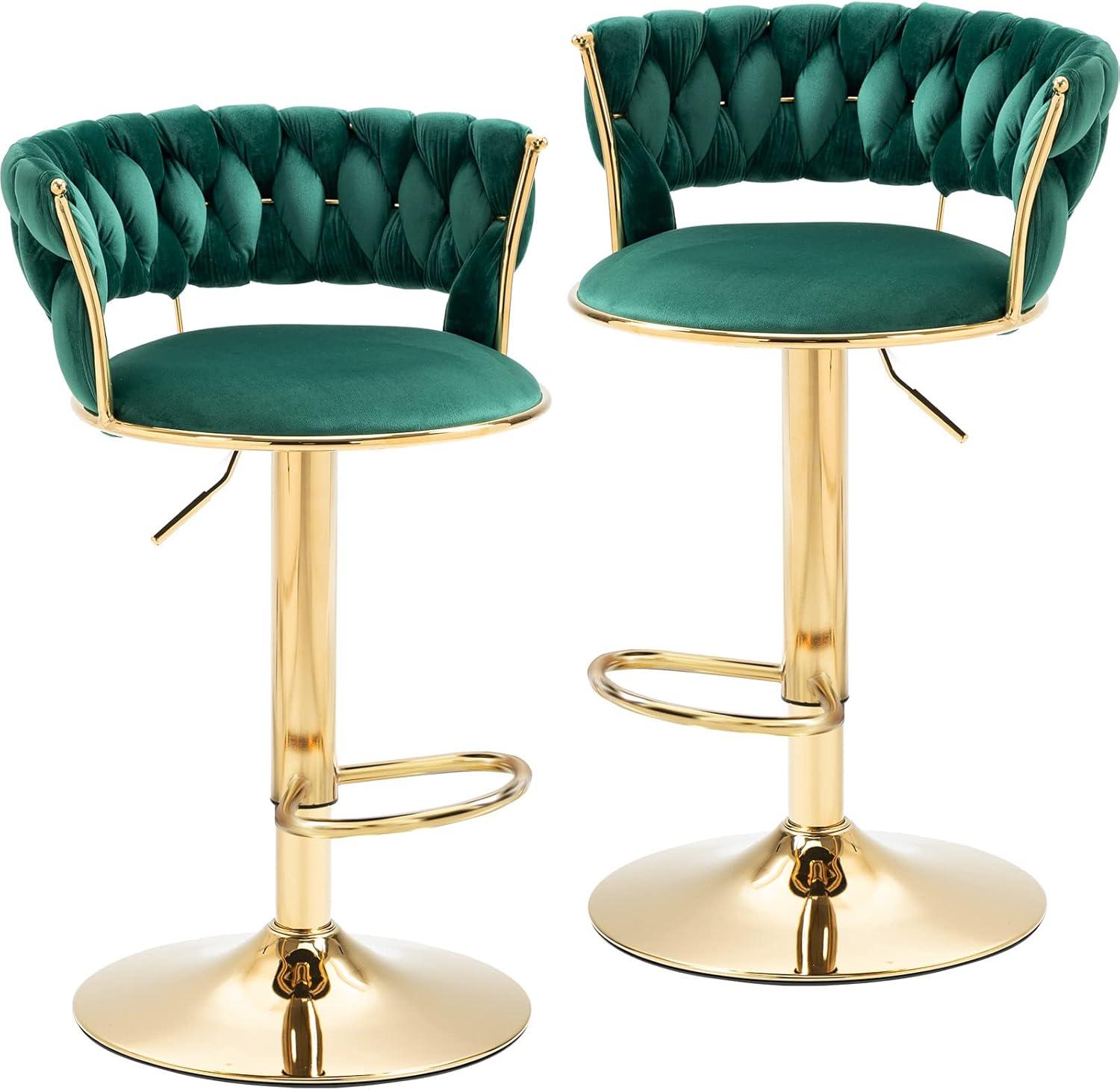 Emerald Green Velvet Adjustable Swivel Bar Stools with Gold Base, Set of 2