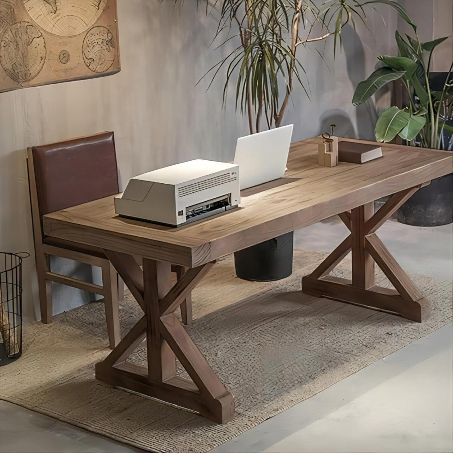 Rustic Farmhouse Computer Desk In Natural With Trestle Base Wooden Office Desk
