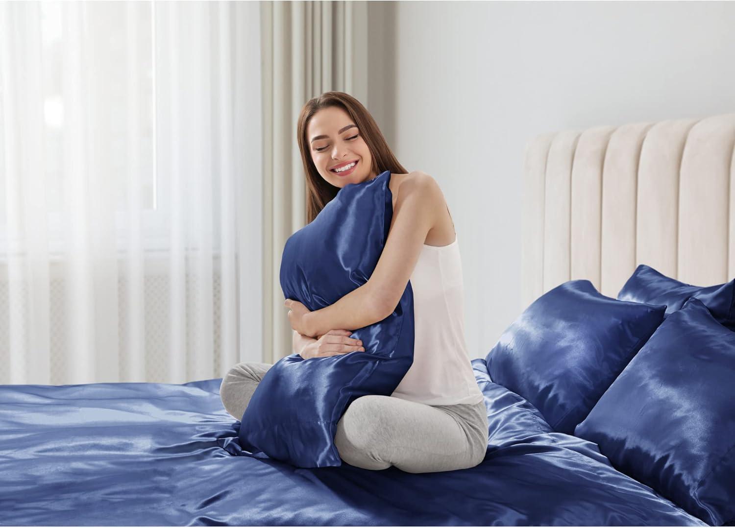 Madison Park Essentials Satin Sheet Set Luxury and Silky with Natural Sheen, Elastic 14" Pocket fits up to 16" Mattress, All Around Elastic - Year-Round Bedding, Cal King, Navy, 6 Piece