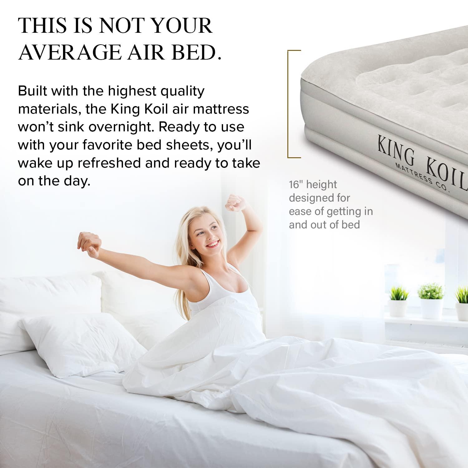 King Koil Luxury Air Mattress 16in Full Size Beige with Built-in Pump for Home, Camping & Guests-Inflatable Airbed Luxury Double High Adjustable Blow Up Mattress, Durable - Portable and Waterproof