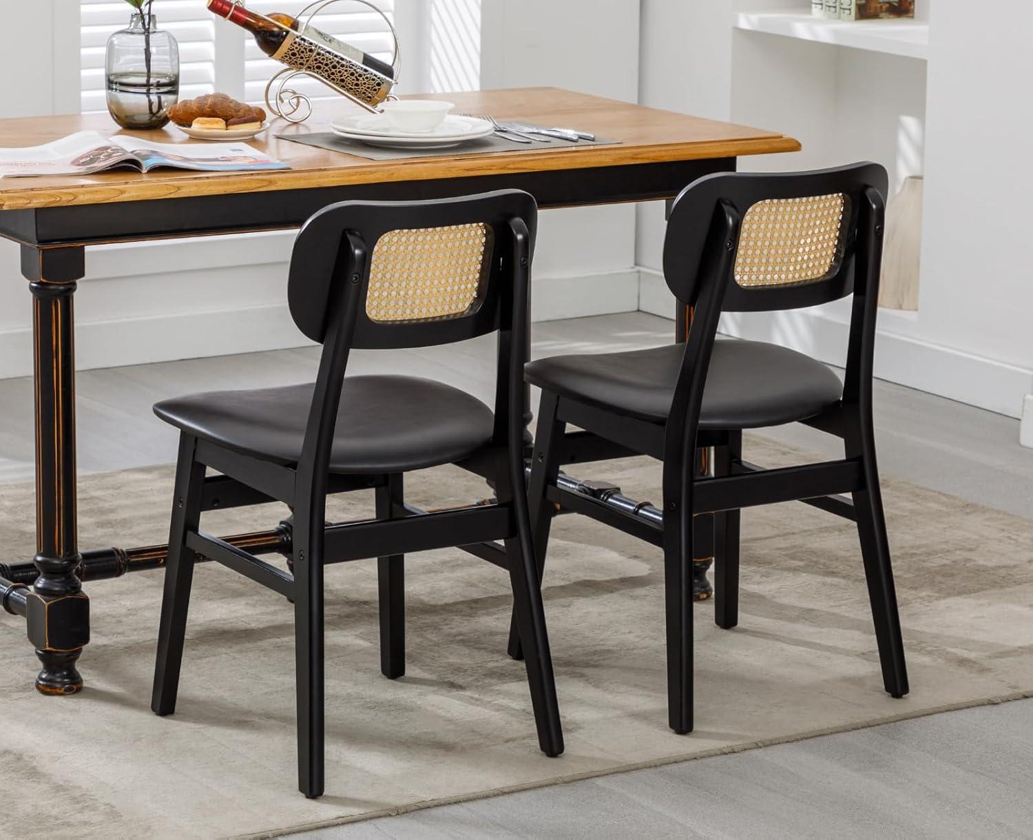 Upholstered Faux Leather Seat Rattan Back Dining Chair, Solid Wood Frame Side Chair For Living Room