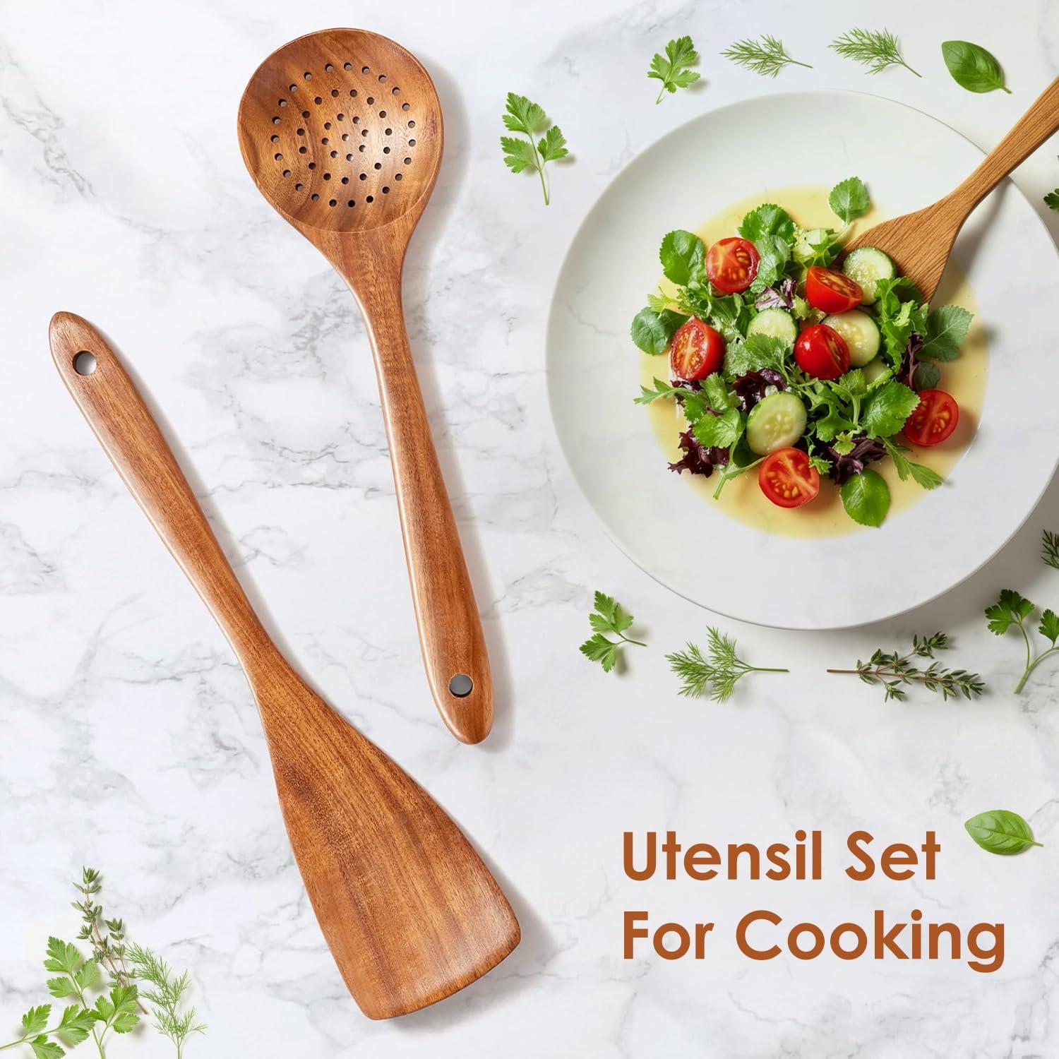 Wooden Spoons for Cooking, 10 Pcs Teak Wood Cooking Utensil Set ‚ Wooden Kitchen Utensils for Nonstick Pans & Cookware ‚ Sturdy, Lightweight & Heat Resistant