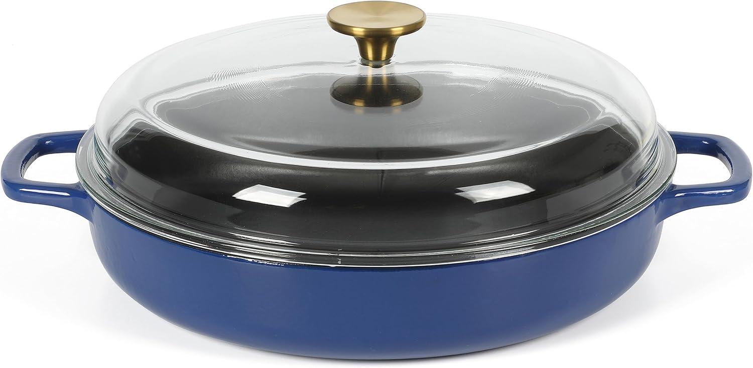 Blue Enameled Cast Iron Braiser Pan with Glass Lid