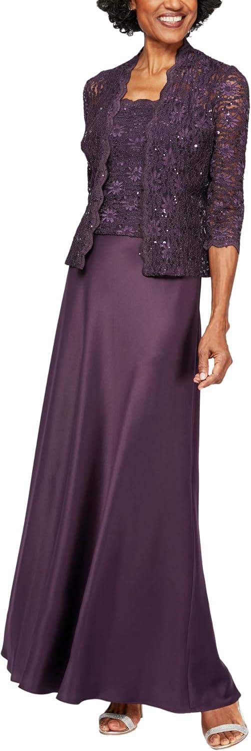 Alex Evenings Women's Long Mock Jacket Dress with Satin Skirt, 8 Eggplant