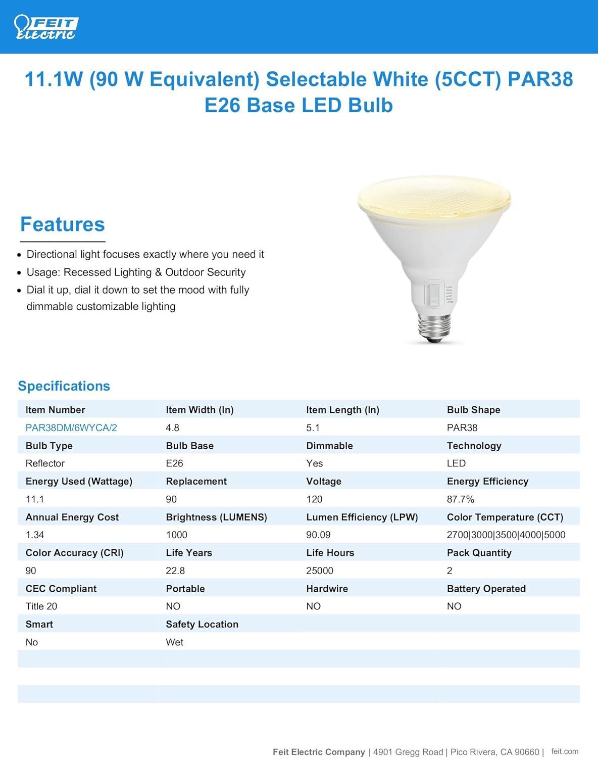 Feit Electric PAR38 E26 Dimmable LED Bulb, 90W Equivalent, White, 2 Pack