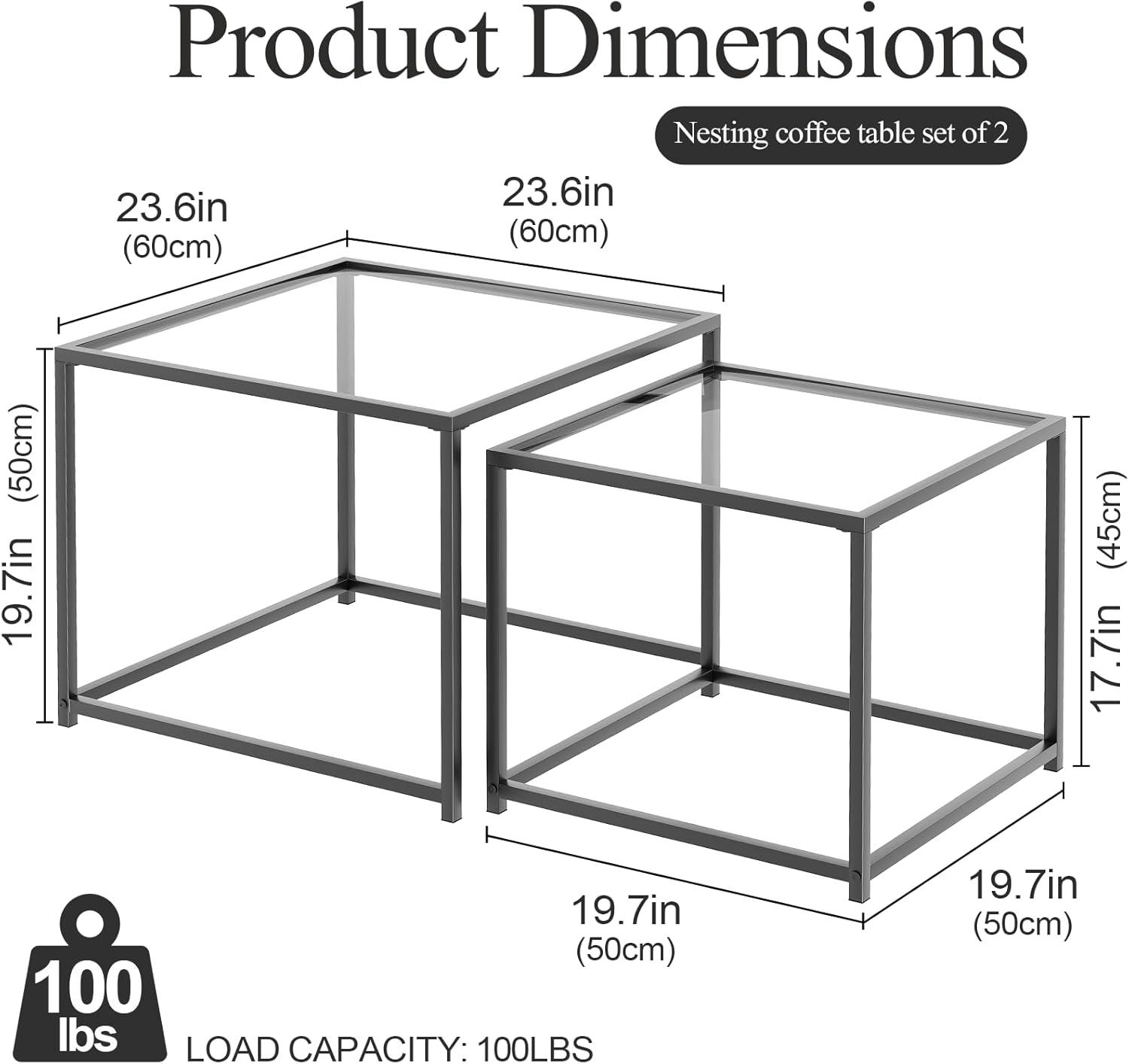 VILAWLENCE Coffee Table Set of 2, Modern Black Patterned Glass Side Table, Metal Frame Square End Table, Center Tables Nesting Coffee Table for Living Room,Bedroom and Small Spaces