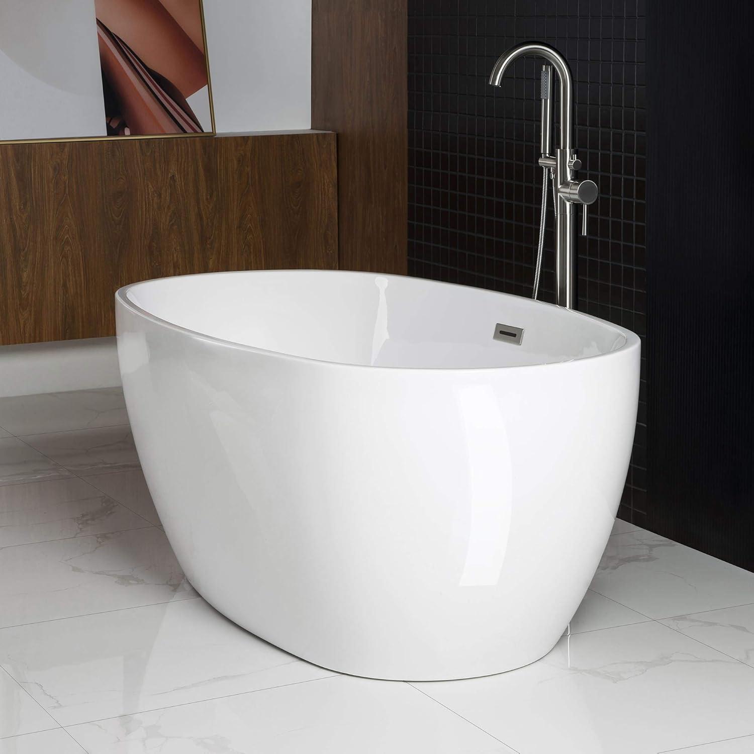 White Oval Acrylic Freestanding Bathtub with Brushed Nickel Overflow