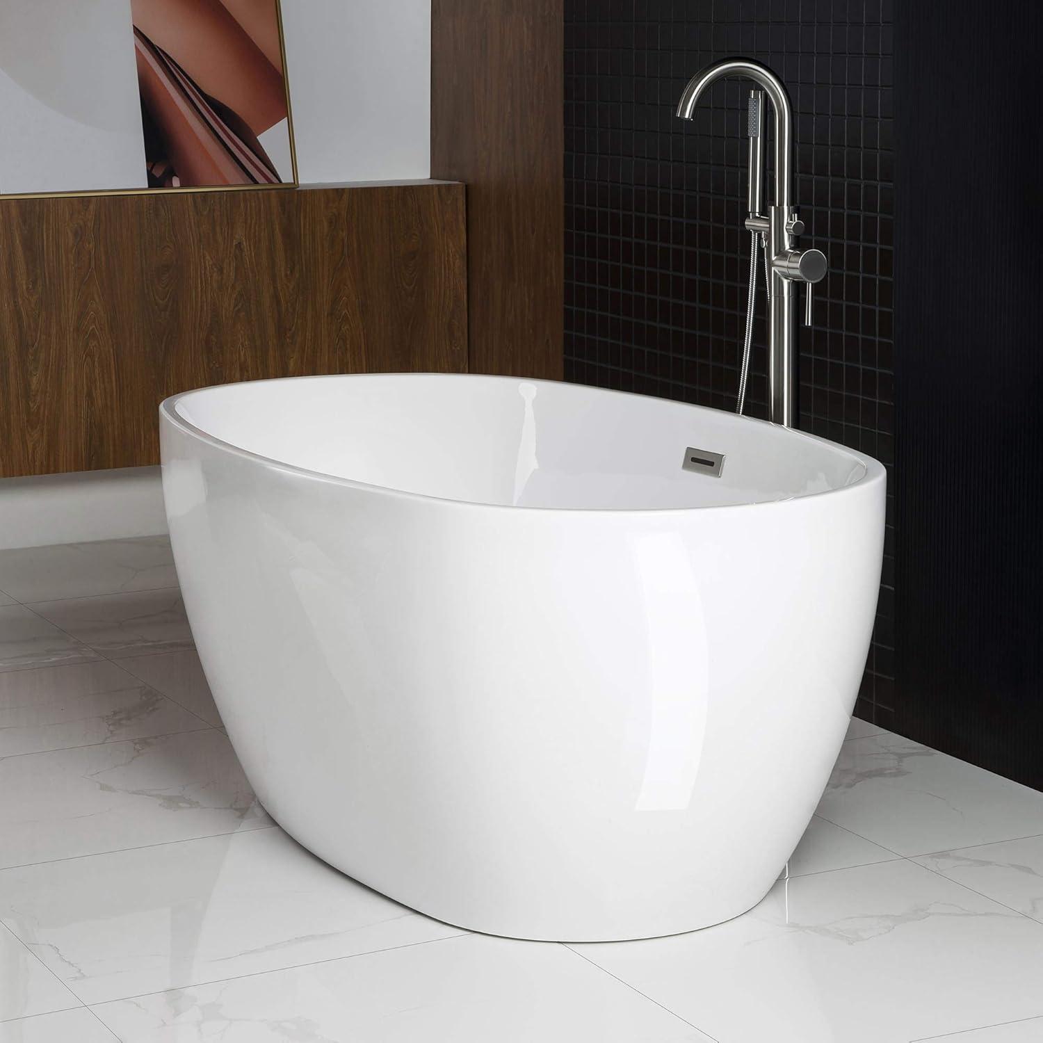 WOODBRIDGE Acrylic Freestanding Bathtub Contemporary Soaking Tub with Brushed Nickel Overflow and Drain BTA1518-B,White, 59" B-0018