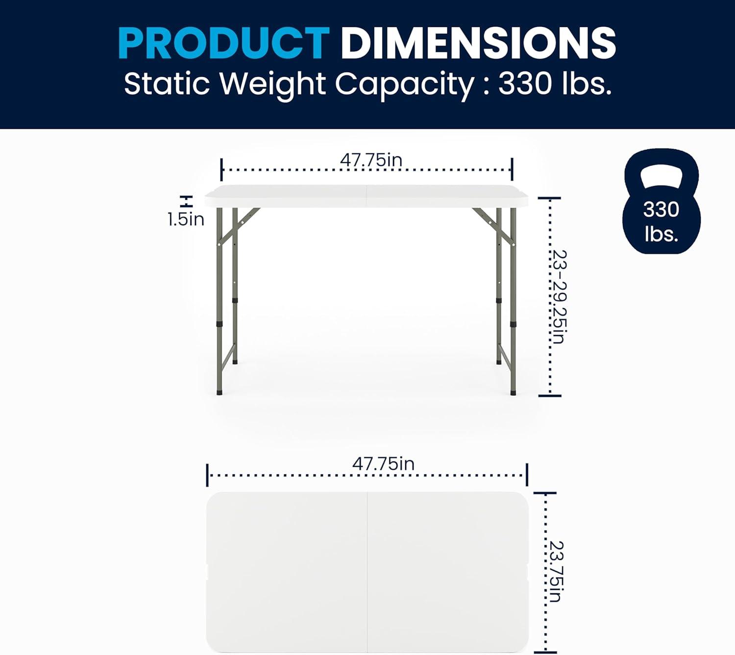 4' Rectangular Height Adjustable Indoor/Outdoor Plastic Folding Event Table, White