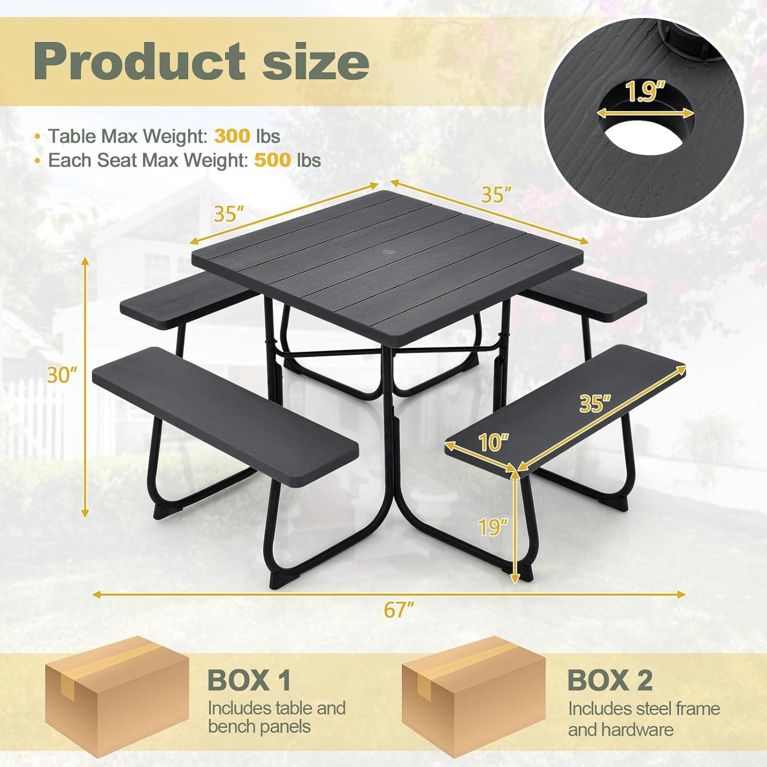 Costway Outdoor 8-person Square Picnic Table Bench Set with 4 Benches & Umbrella Hole Black