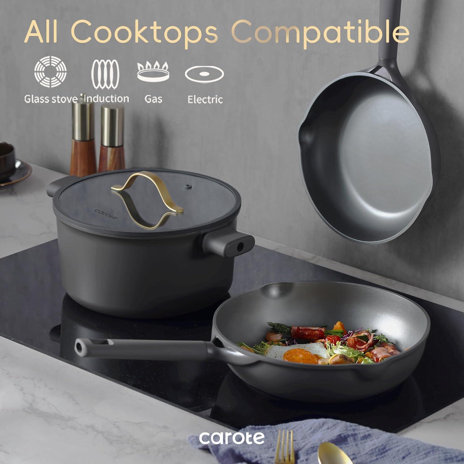 Carote 16 Pcs Nonstick Cookware Sets, Premium Pots and Pans Set, Easy to Clean, Grey and Gold