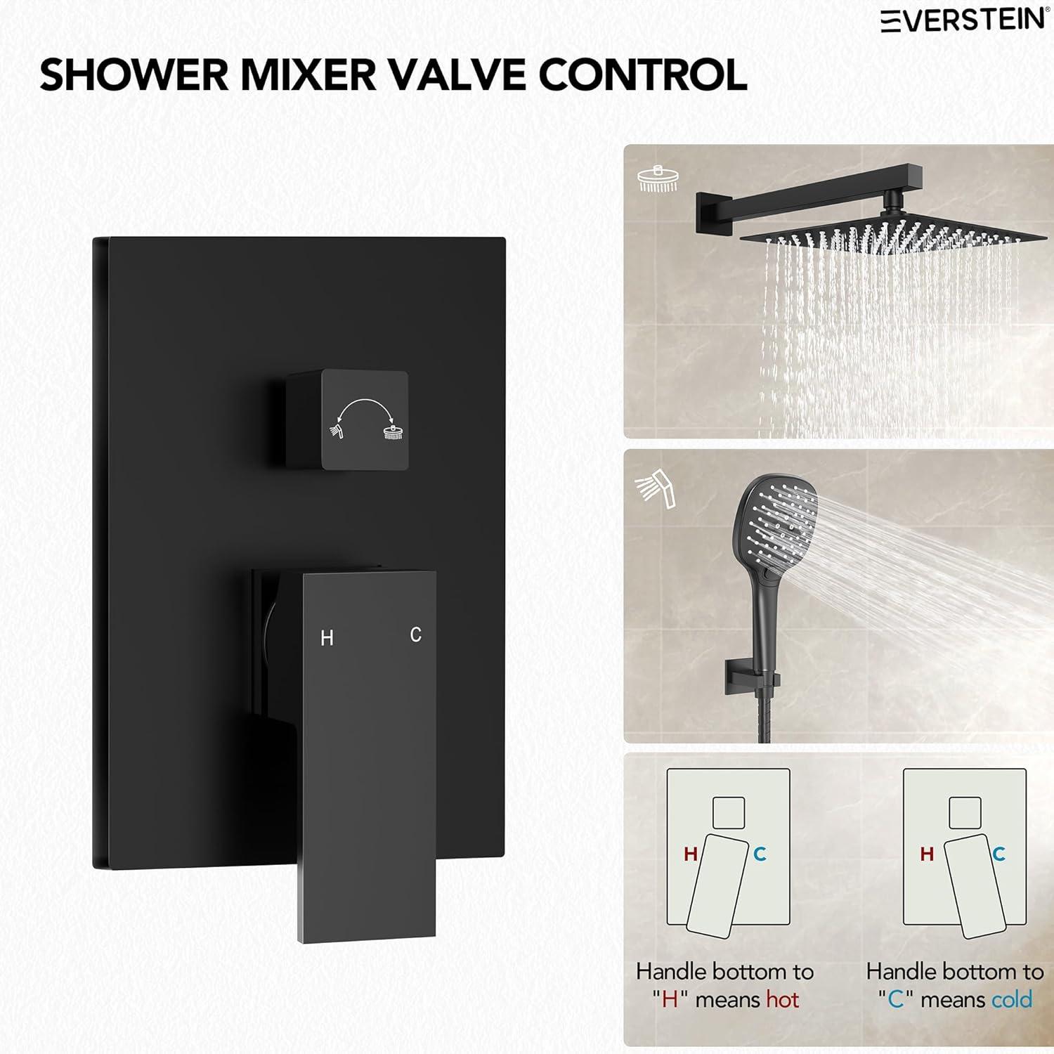 YAWWALK 10" Shower Head with 3-Spray Patterns Handheld in Matte Black (Valve Included)