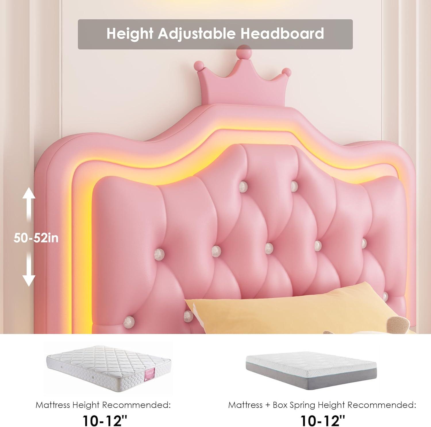 Homfa Twin Size LED Upholstered Bed with Adjustable Crystal Button Tufted Crown Headboard, Soft PU Princess Platform Bed with Storage Drawer, Pink