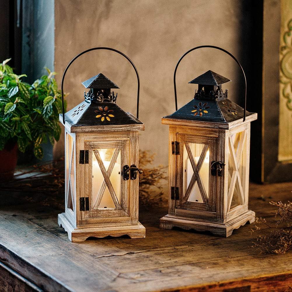 Distressed White Pine Wood Hanging Lantern with Metal Top