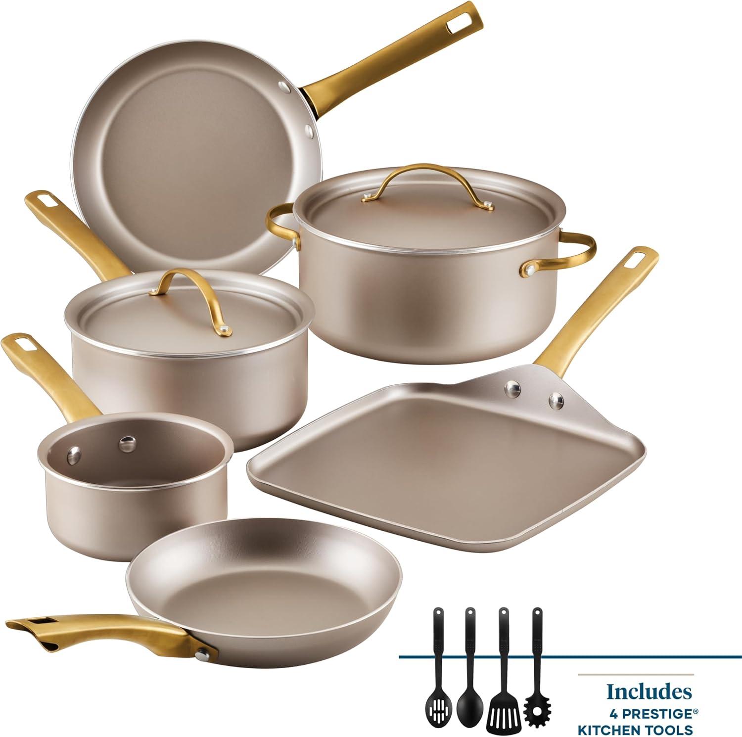 Champagne Nonstick Aluminum Cookware Set with Gold Handles, 12 Piece