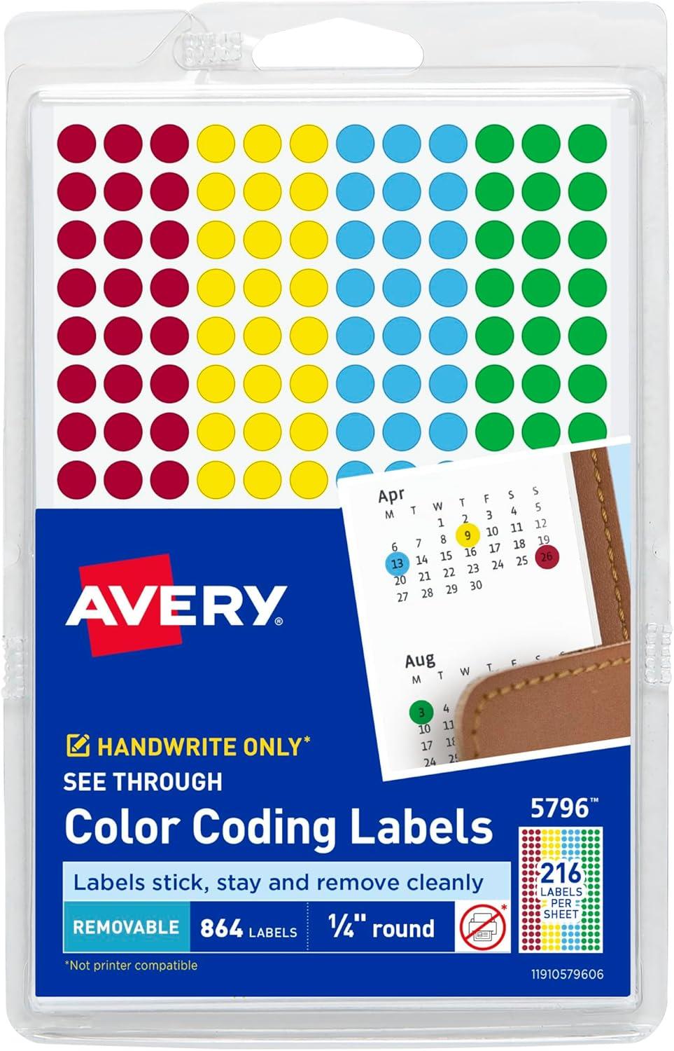 Avery See Through Removable Color Dots 1/4 dia Assorted Colors 864/Pack 05796