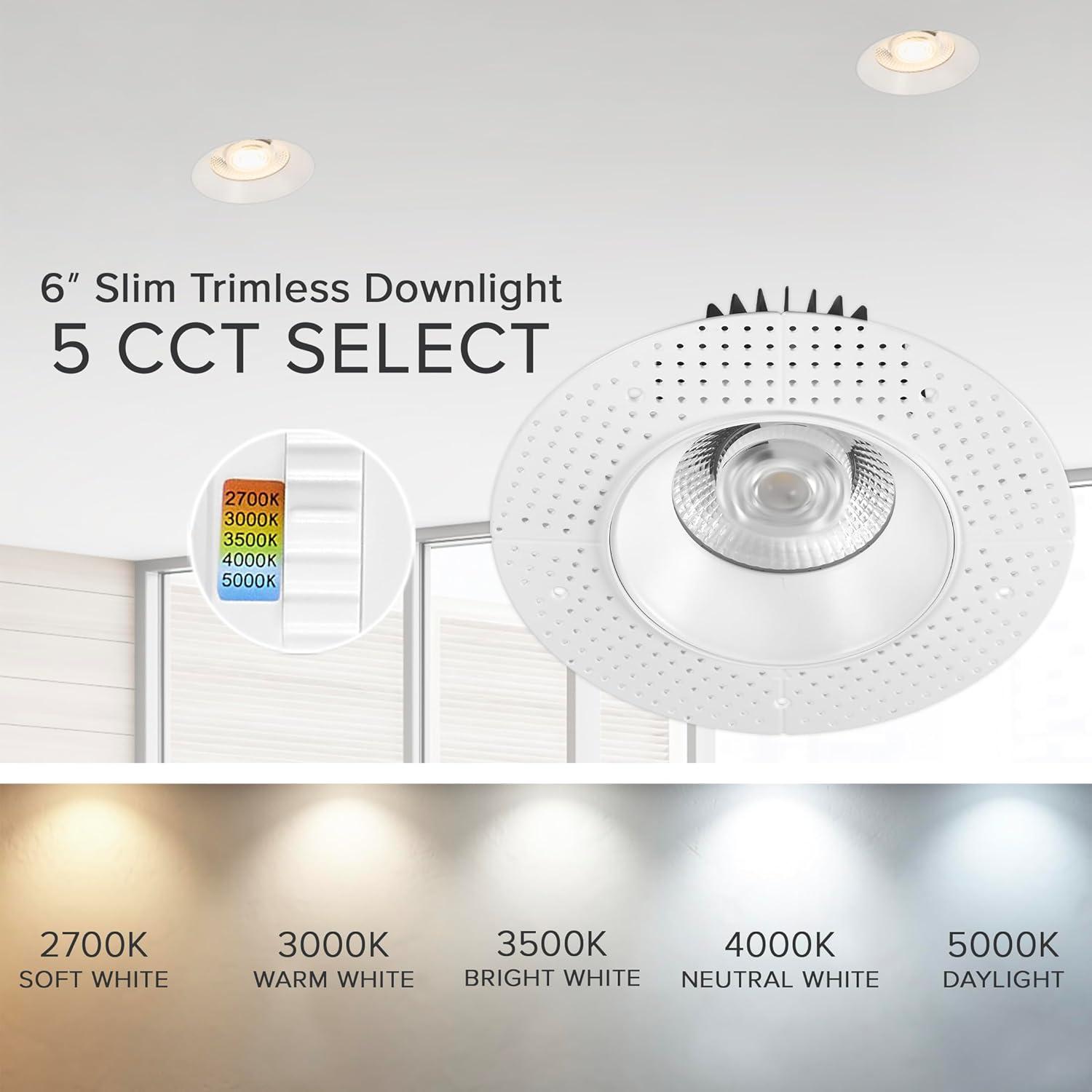 Maxxima 4 in. Trimless Ultra-Thin Recessed Anti-Glare LED Downlight Canless IC Rated 1000 Lumens 5 Color Temperature Selectable 2700K/3000K/3500K/4000K/5000K Dimmable 90 CRI 5 CCT Slim J-Box Included