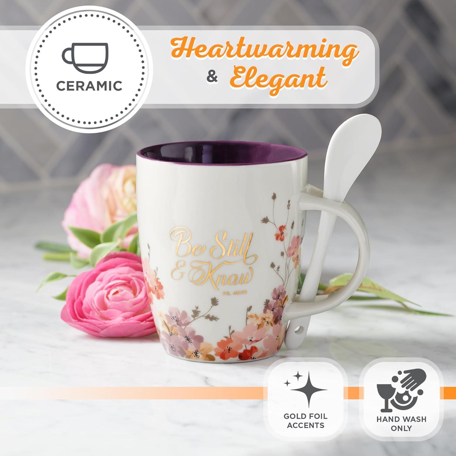 Christian Art Gifts Coffee and Tea Scripture Mug with Ceramic Spoon Set for Women: Be Still and Know - Psalm 46:10 Inspirational Bible Verse Message Hot & Cold Beverage, Purple/White Floral, 12 oz.