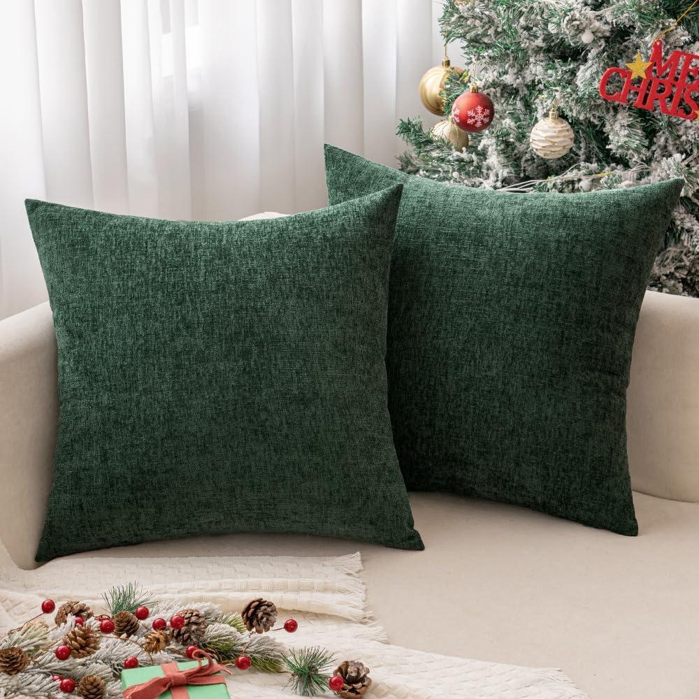 Green Chenille 18x18 Inch Decorative Pillow Covers, Pack of 2