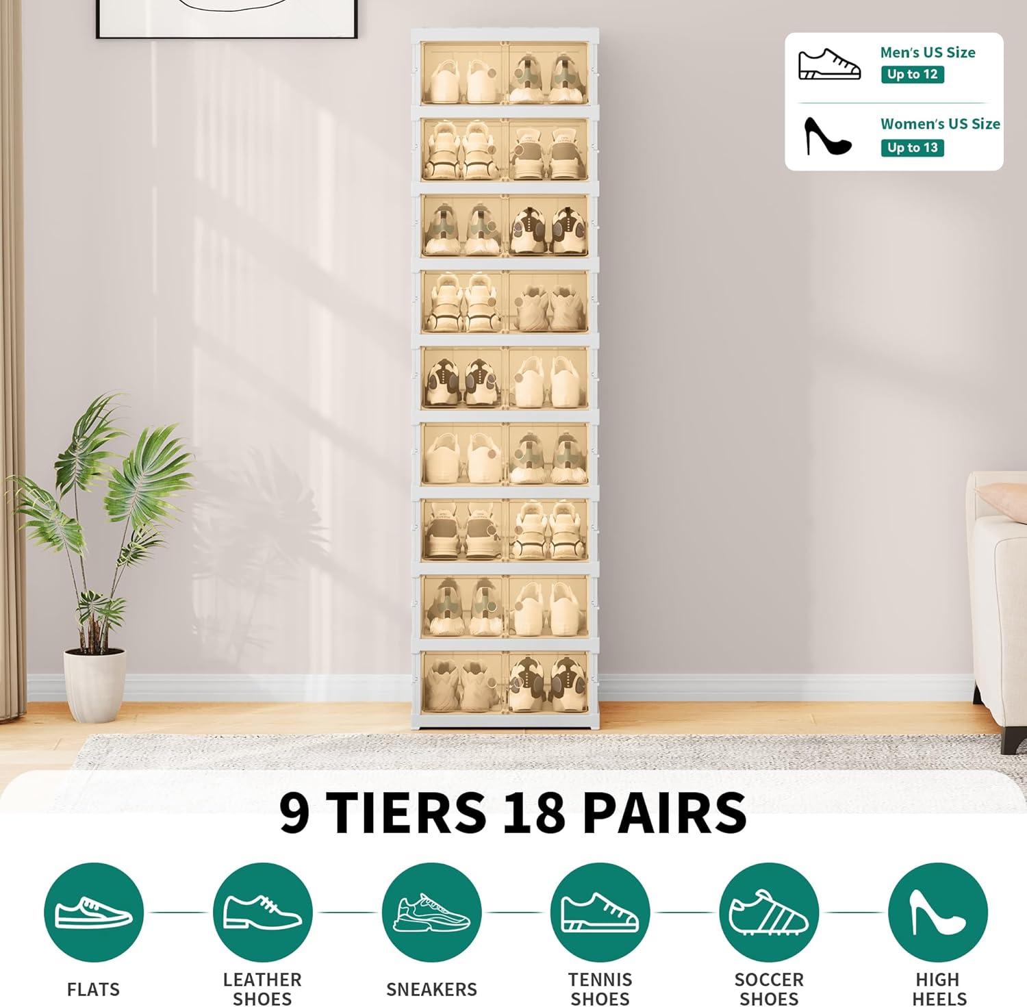 Dextrus 9 Tiers-18 Pairs Easy Assembly Shoe Organizer Storage Box for Closet, Foldable Shoe Rack with Magnetic Doors, Collapsible Sneaker Cabinet for Entryway, Living Room, Bedroom