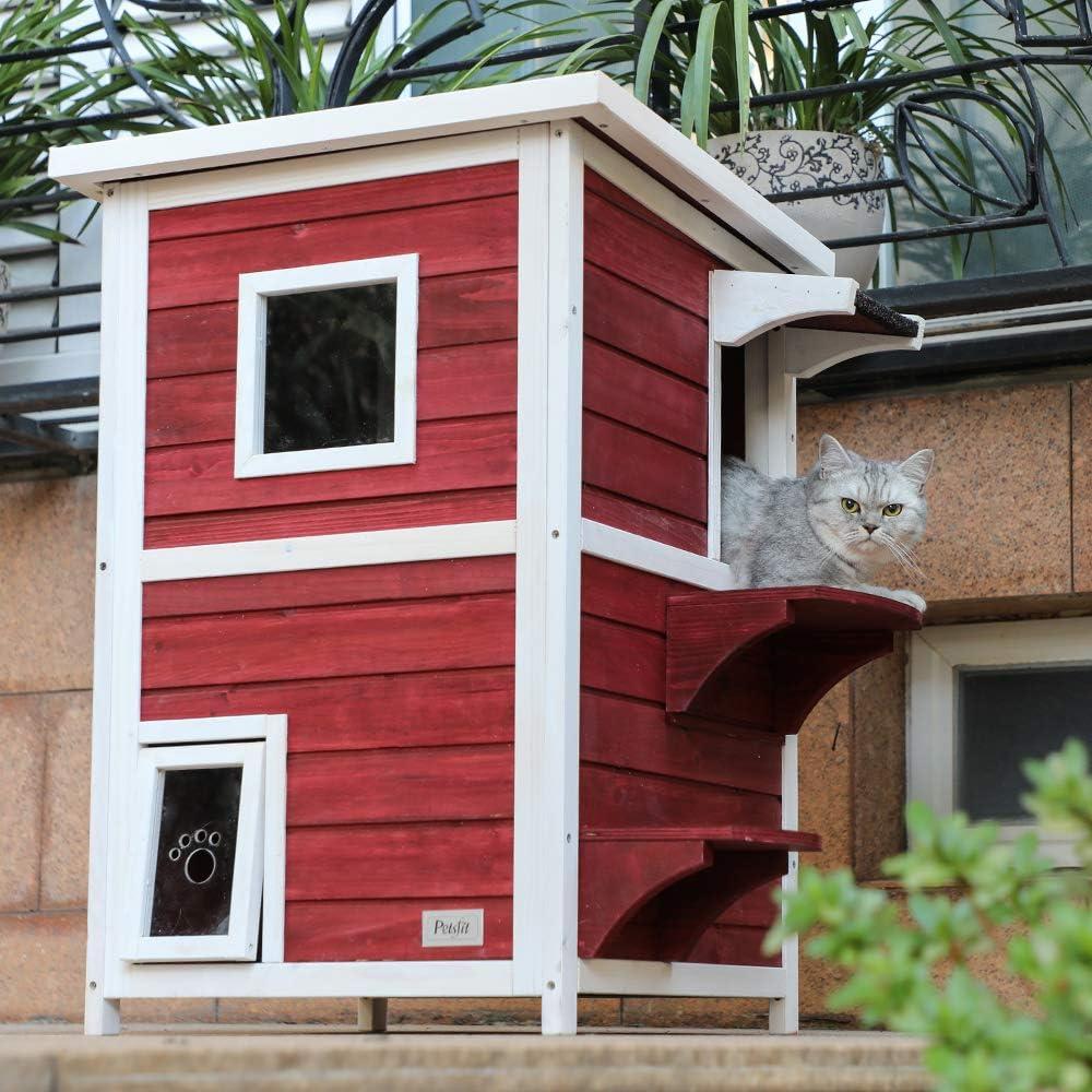 Petsfit 2-Story Weatherproof Outdoor Kitty Cat House/Condo/Shelter with Escape Door Red