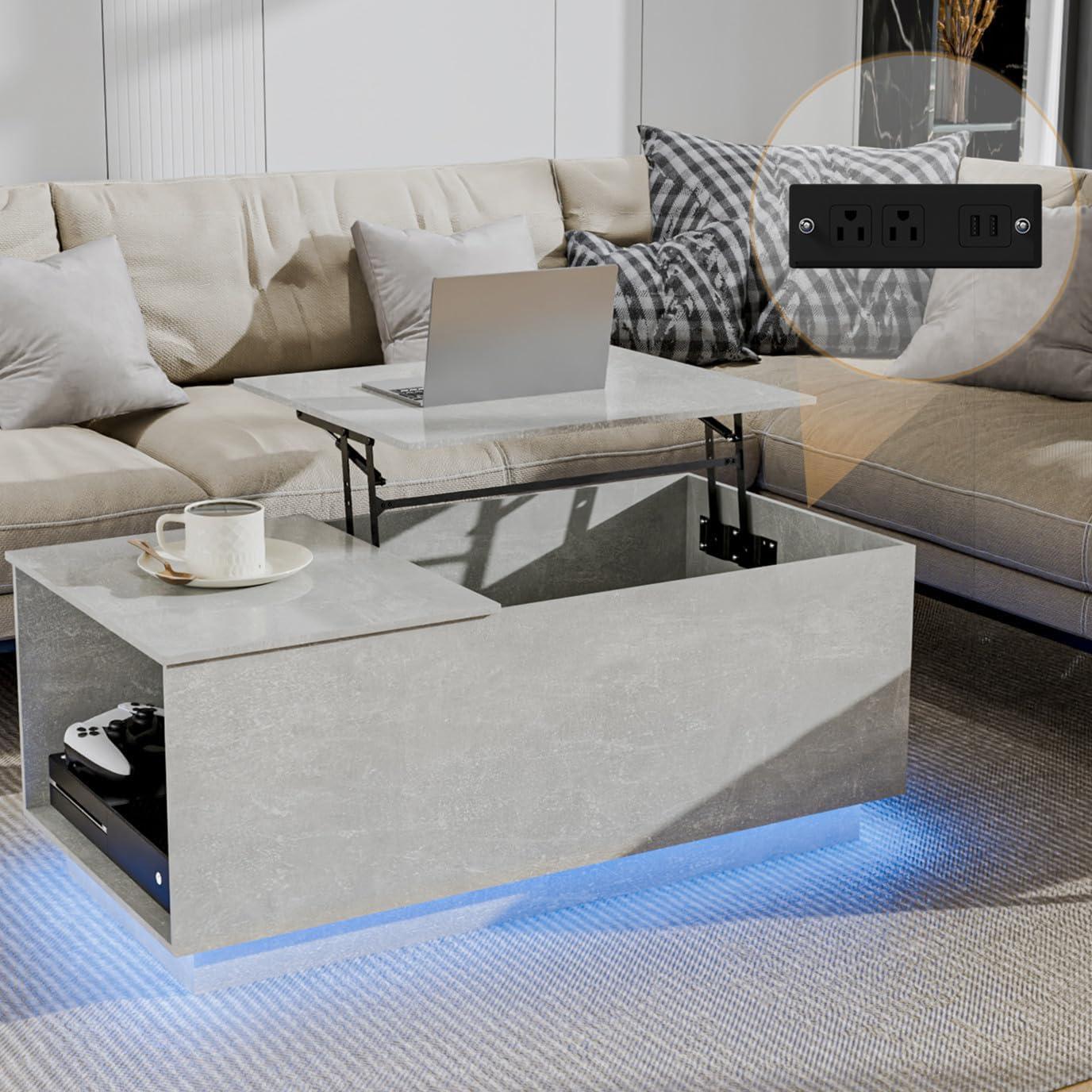 Grey Lift-Top Coffee Table with LED Lights and Storage