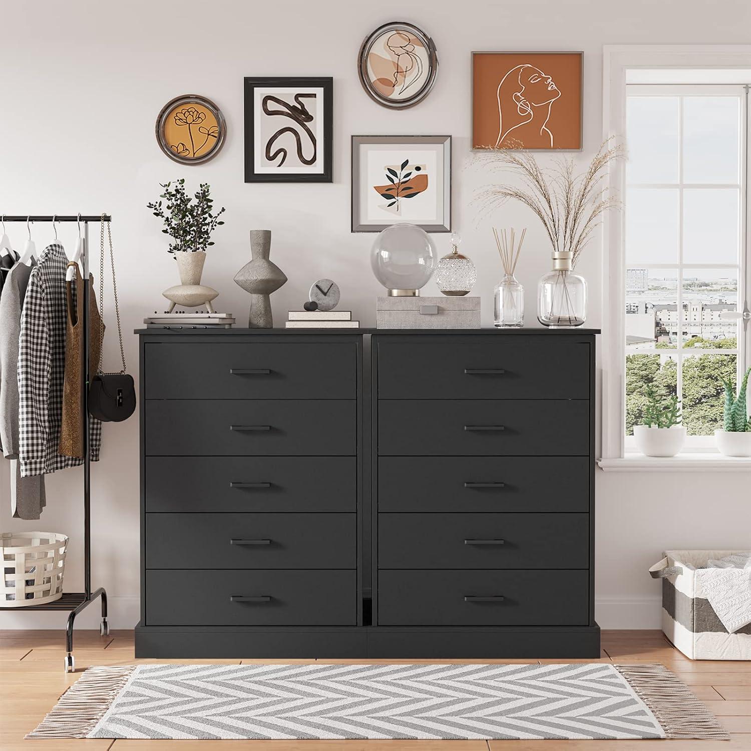 Tall Dresser with 5 Drawers for Bedroom, Storage Tower Clothes Organizer, Black Chest of Drawers with Sturdy Pedestal, 27.6'' W x 15.8'' D x 40.2'' H