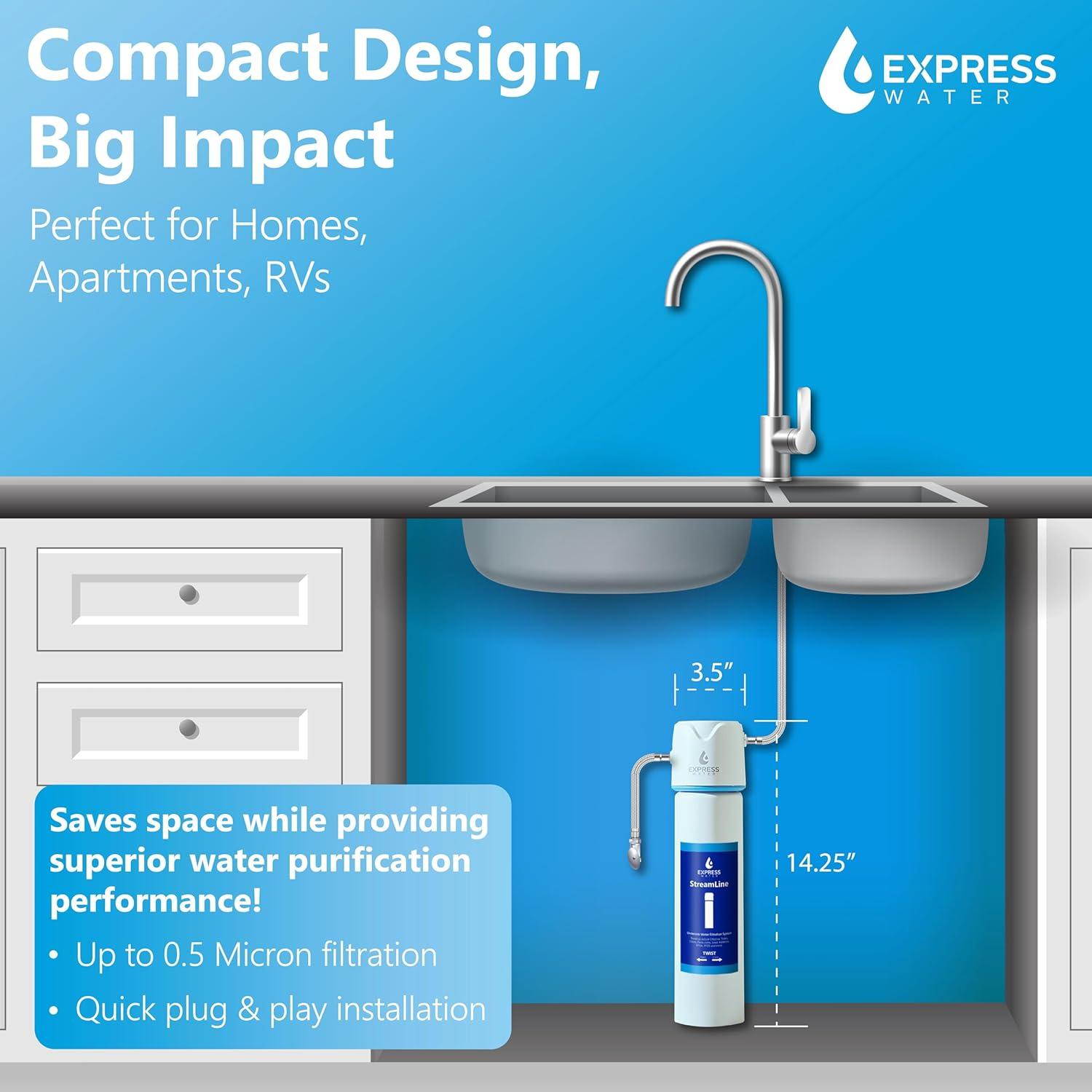 Express Water StreamLine USC001 Under Sink Water Filter System, Reduces PFAS, PFOA/PFOS, Lead, Chlorine, Under Counter Water Filter Direct Connect to Kitchen Faucet NSF/ANSI 42, 53, 372, 401 Certified