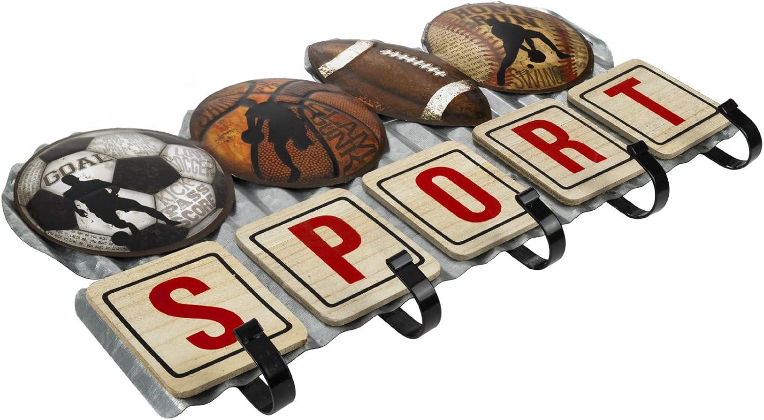 Excello Global Products Metal Sports Coat Rack with 5 Hooks: Vintage Sports Decorative Wall Mounted Design for Towels, Bags, Hats, Keys, Coats and Jackets - EGP-HD-0113