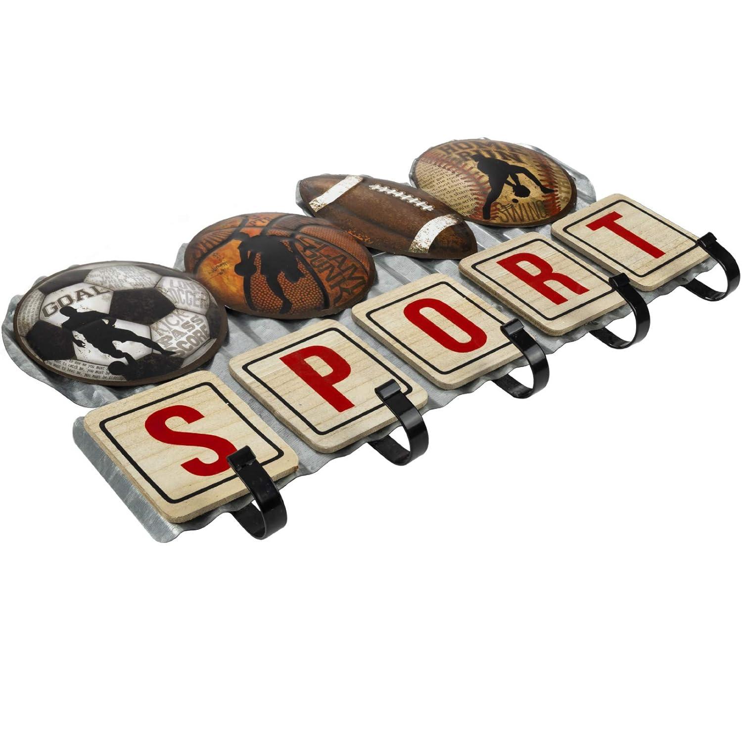 Excello Global Products Metal Sports Coat Rack with 5 Hooks: Vintage Sports Decorative Wall Mounted Design for Towels, Bags, Hats, Keys, Coats and Jackets - EGP-HD-0113