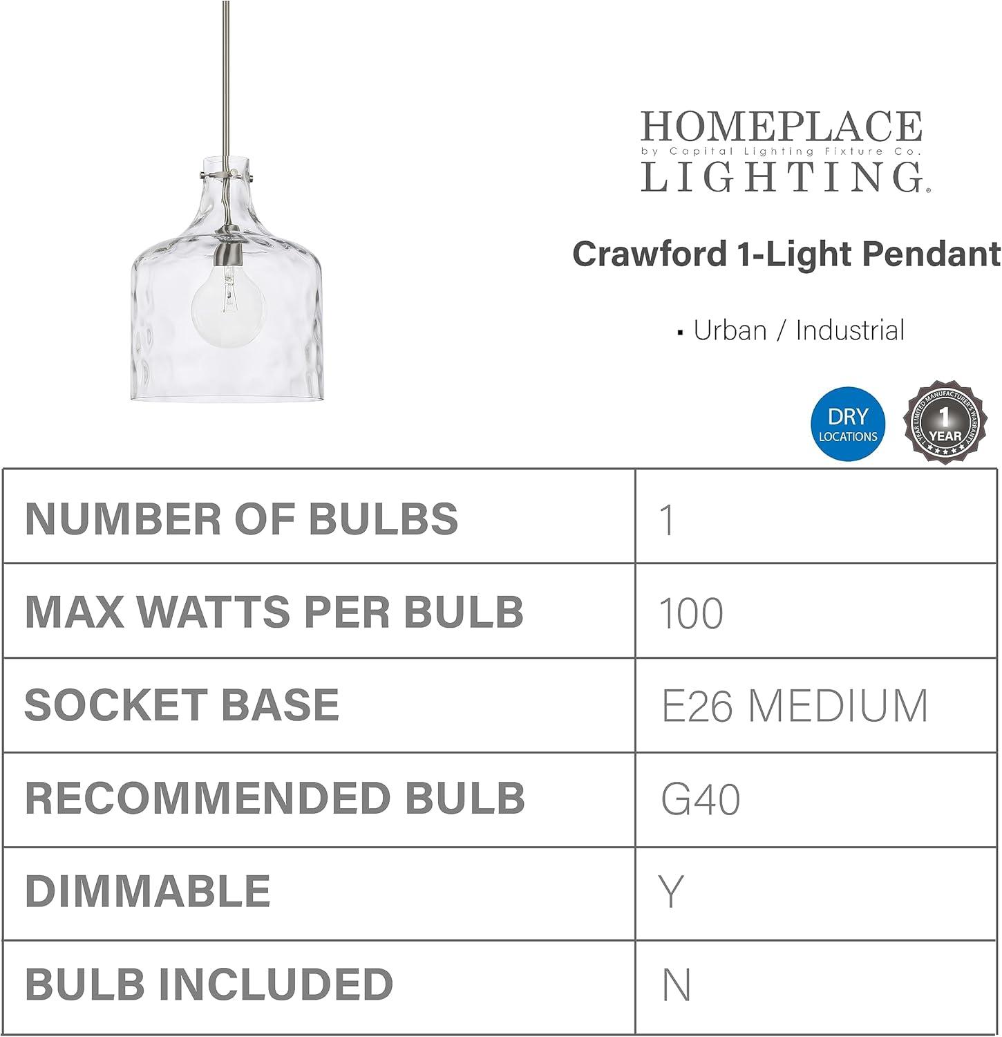 Crawford Urban Industrial Clear Water Glass Jar Pendant, Brushed Nickel