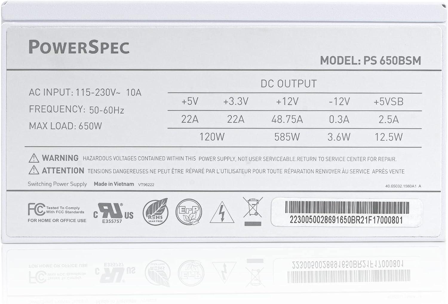 PowerSpec 650W Power Supply Semi Modular 80 Plus Bronze Certified ATX PSU Active PFC SLI Crossfire Ready Gaming PC Computer Power Supplies, PS 650BSM(White Edition)